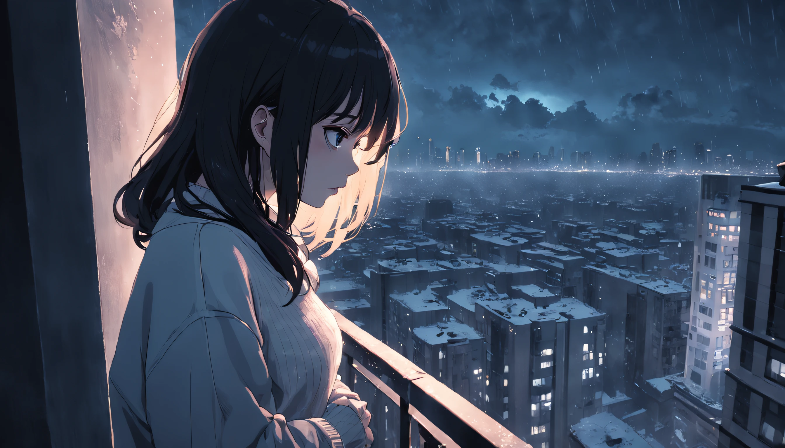 one woman, leaning on the railing of the balcony of high rise building, wearing white sweater, alone, midnight, sad mood, ultra detail, snow, dark, smoking, bleak, sad, alone, cyberpunk, winter, snowing, foggy, far shot, cigarette, visually busy, visual clutter, cinematic, anatomically correct