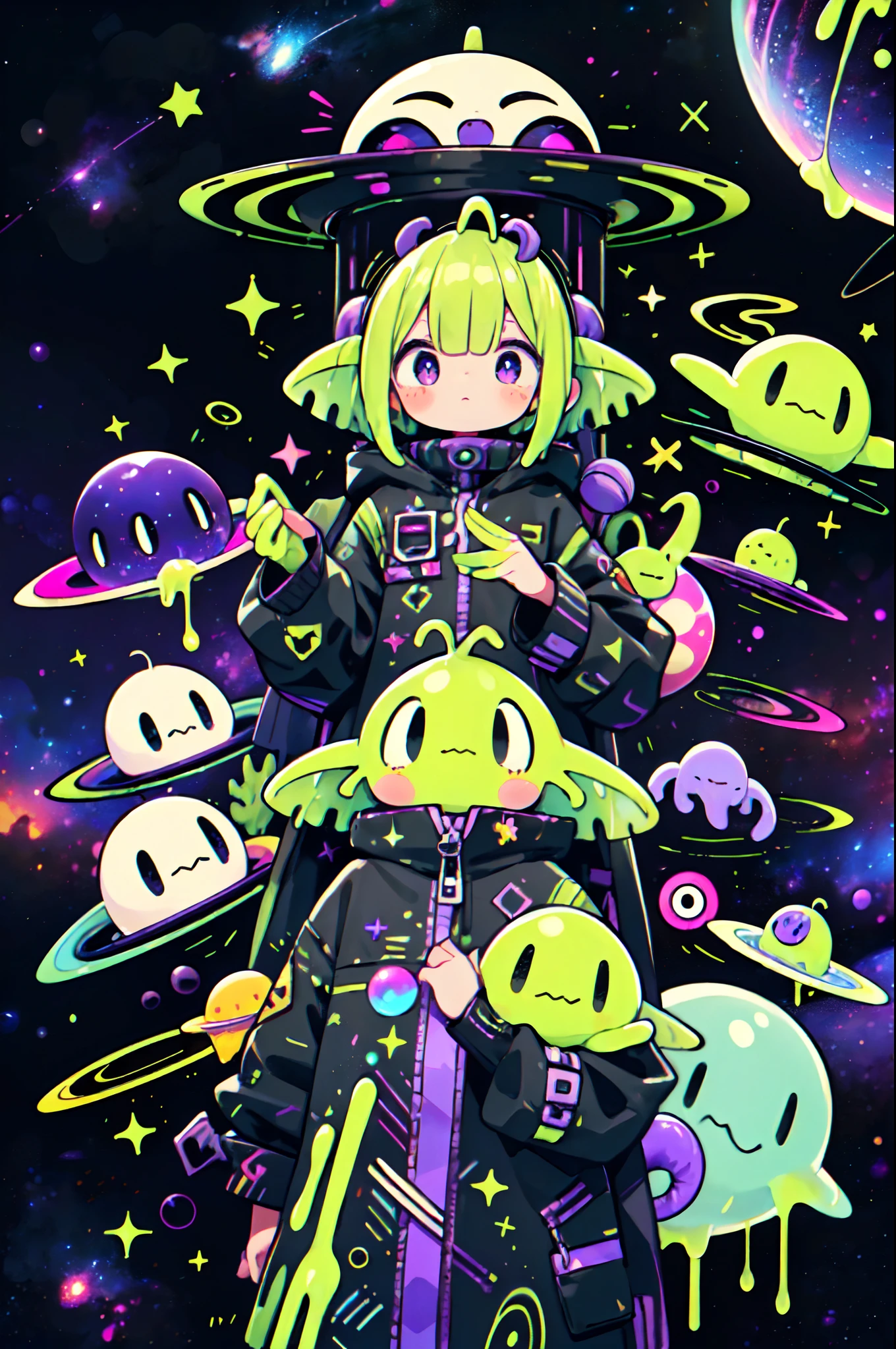 slime green aliens girl with many eyes, she has antennae on her head, slimy, little alien creatures in colorful fashion, space galaxy, purple planets rings, saturn, flying saucer,GreenSlimeAI