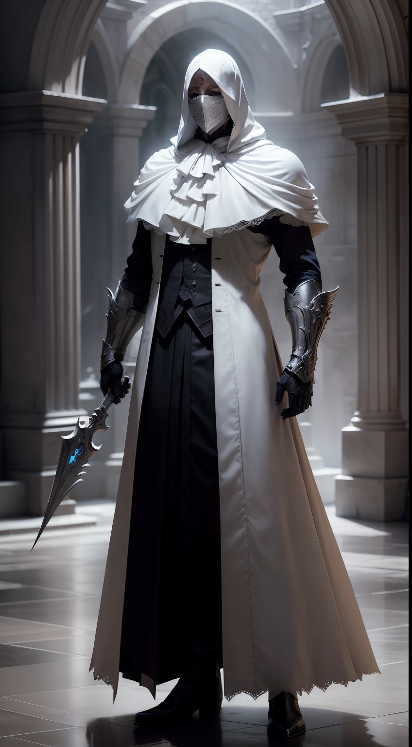 Archangel with white mask stunningly beautiful, Eldon ring, Bloodborne, Full body portrait, Sharp shots, Professional photography, 70mm lense, Meticulous love, Good quality, Unreal Engine 5, the wallpaper, Colorful, Very detailed, 8K, Soft light, Realistic photo