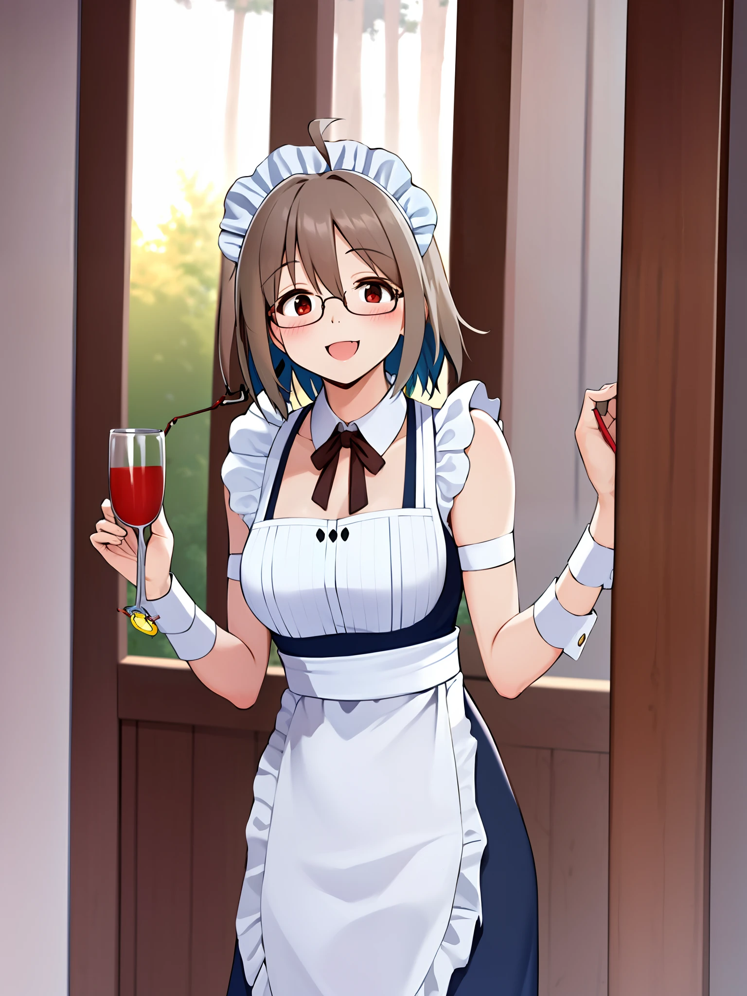 masterpiece, best quality, (yua serufu), (forest), (maid outfit), (blush), (happy), ((glasses)), ((rim-less eyewear)), ((mature female)), tall, beautiful, medium breast, milf, (eyewear:0.9)