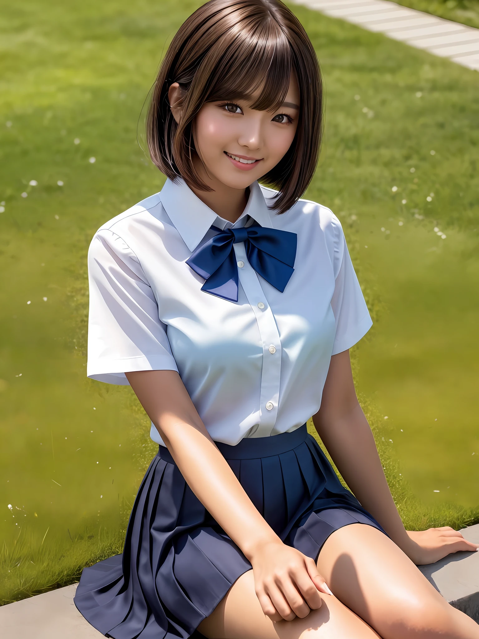 product quality, 1girl, upper body shot, front view, a Japanese young pretty woman, bob hair, sitting on a grass in a garden of a high school with a big smile, glamorous figure, wearing a short sleeves white collared silky shirt with shiny red satin plain bow tie, wearing a dark blue pleated long skirt, hyper cute face, glossy lips, double eyelids in both eyes, natural makeup, long eyelashes, shiny smooth light brown bob hair, asymmetrical bangs, a tanned skin, in the classroom, central image, high resolution, high detail, detailed hairstyle, detailed face, spectacular cinematic lighting, octane rendering, vibrant, hyper realistic, perfect limbs, perfect anatomy