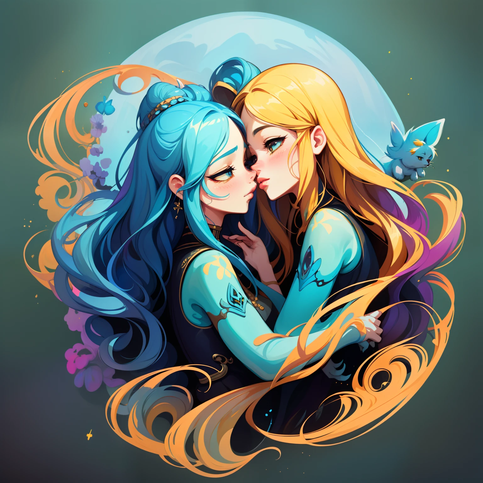 adesivo, fundo simples, portrait, 2 girls, couple, kissing, girl with long hair, beautiful gemini girl, gemini aesthetic, beautiful girl, very beautiful fantasy art, beautiful and elegant female gemini, beautiful detailed fantasy, yellow and blue color palate, yellow color-theme