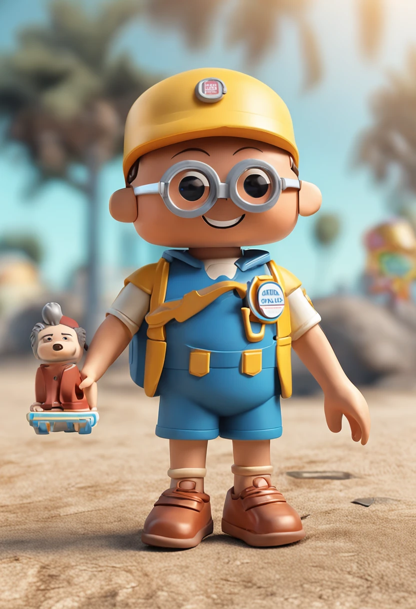Crie um mascote semelhante ao playmobil , personagem infantil , 8k, Modelo 3D, O corpo como forma de um brinquedo , com boca, 2 olhos e sem nariz, with legs and arms, de corpo inteiro. The character is cute and charismatic, o personagem tem cores vivas e coloridas. fotorrealista, super alta qualidade, Super Detalhe, ultra-accurate description of hands, roupas detalhadas, utensilios bem detalhados, master part, 8k, HDR