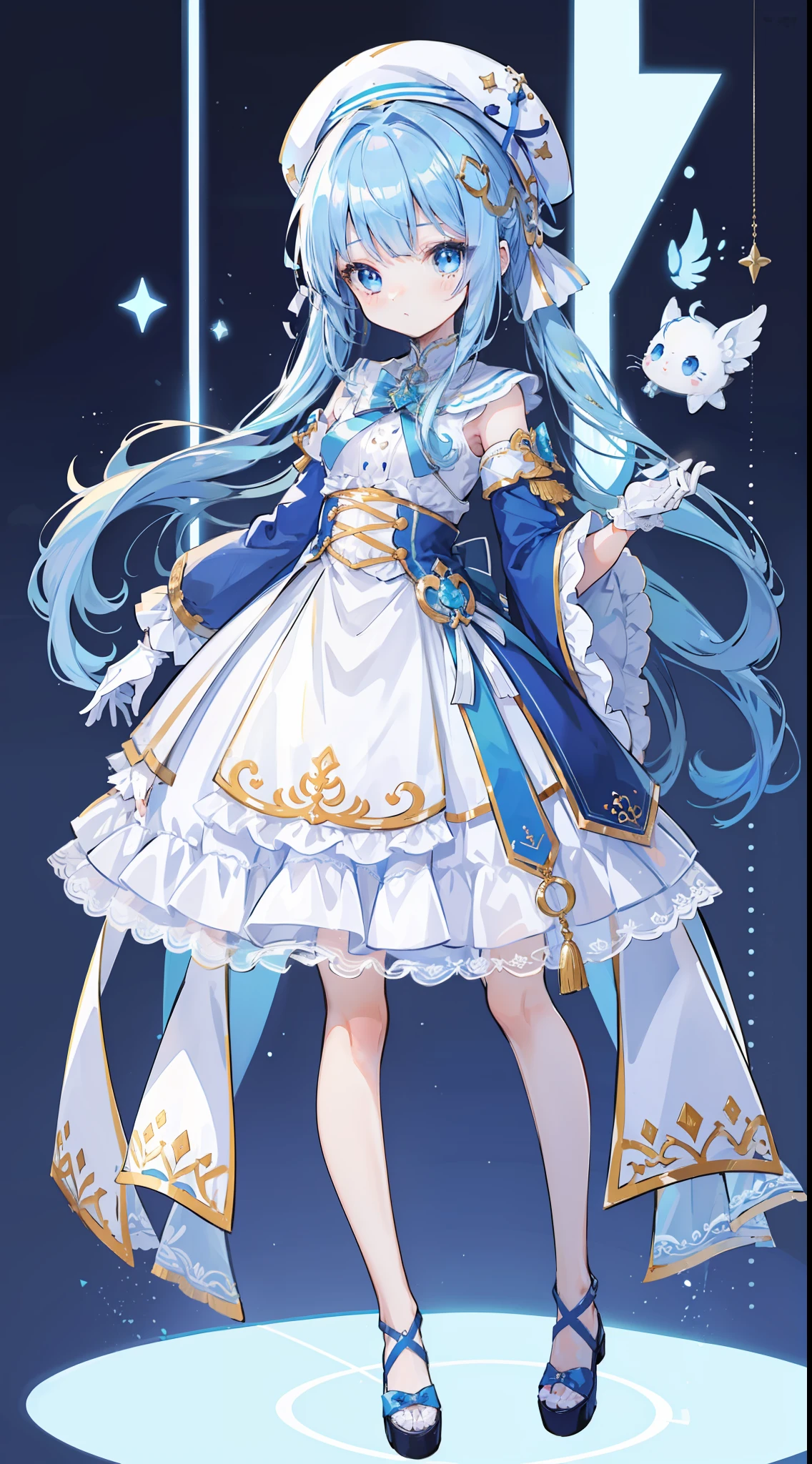 1 girl in、((full body Esbian、Standing picture))、top-quality、masutepiece、high-level image quality、lightblue hair、Longhaire、(white glove)、blue eyess、((White beret))、cute little、Lori、[[[[Cat's ears]]]]