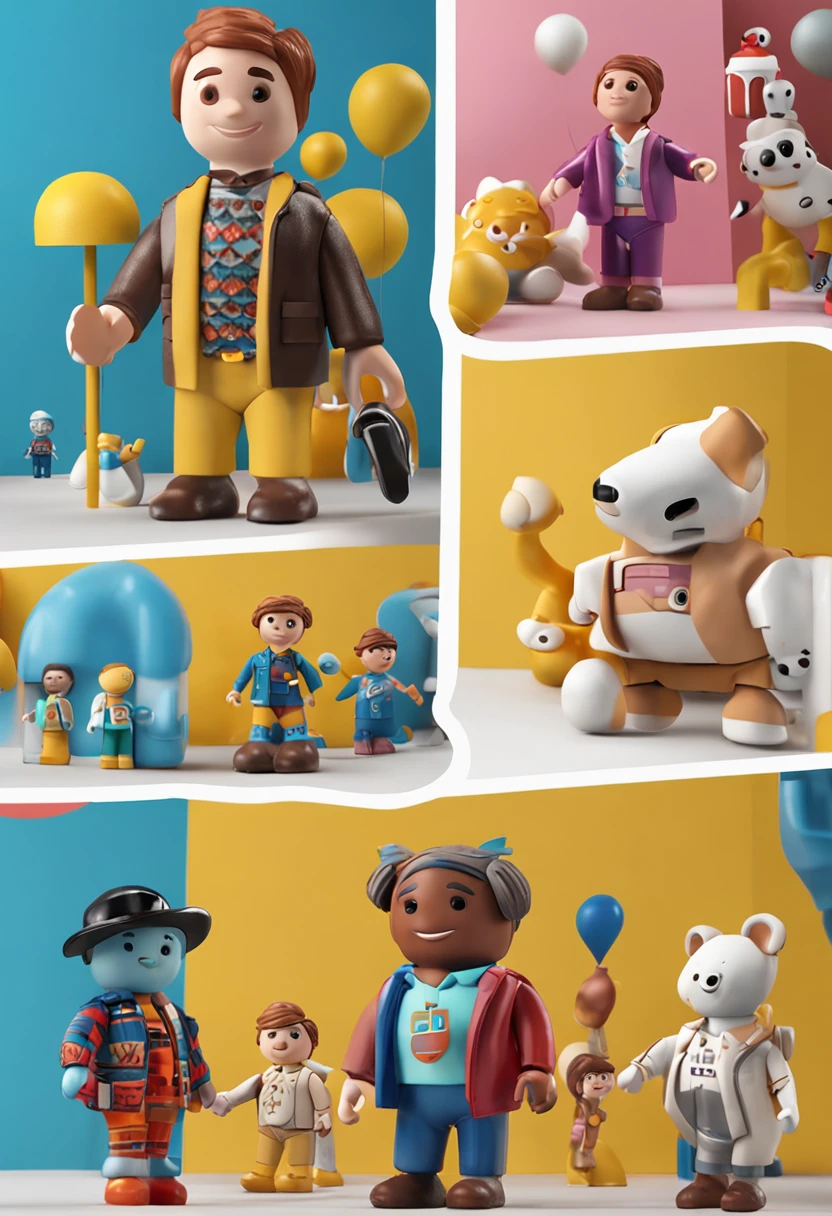 Crie um mascote semelhante ao playmobil , personagem infantil , 8k, Modelo 3D, O corpo como forma de um brinquedo , com boca, 2 olhos e sem nariz, with legs and arms, de corpo inteiro. The character is cute and charismatic, o personagem tem cores vivas e coloridas. fotorrealista, super alta qualidade, Super Detalhe, ultra-accurate description of hands, roupas detalhadas, utensilios bem detalhados, master part, 8k, HDR