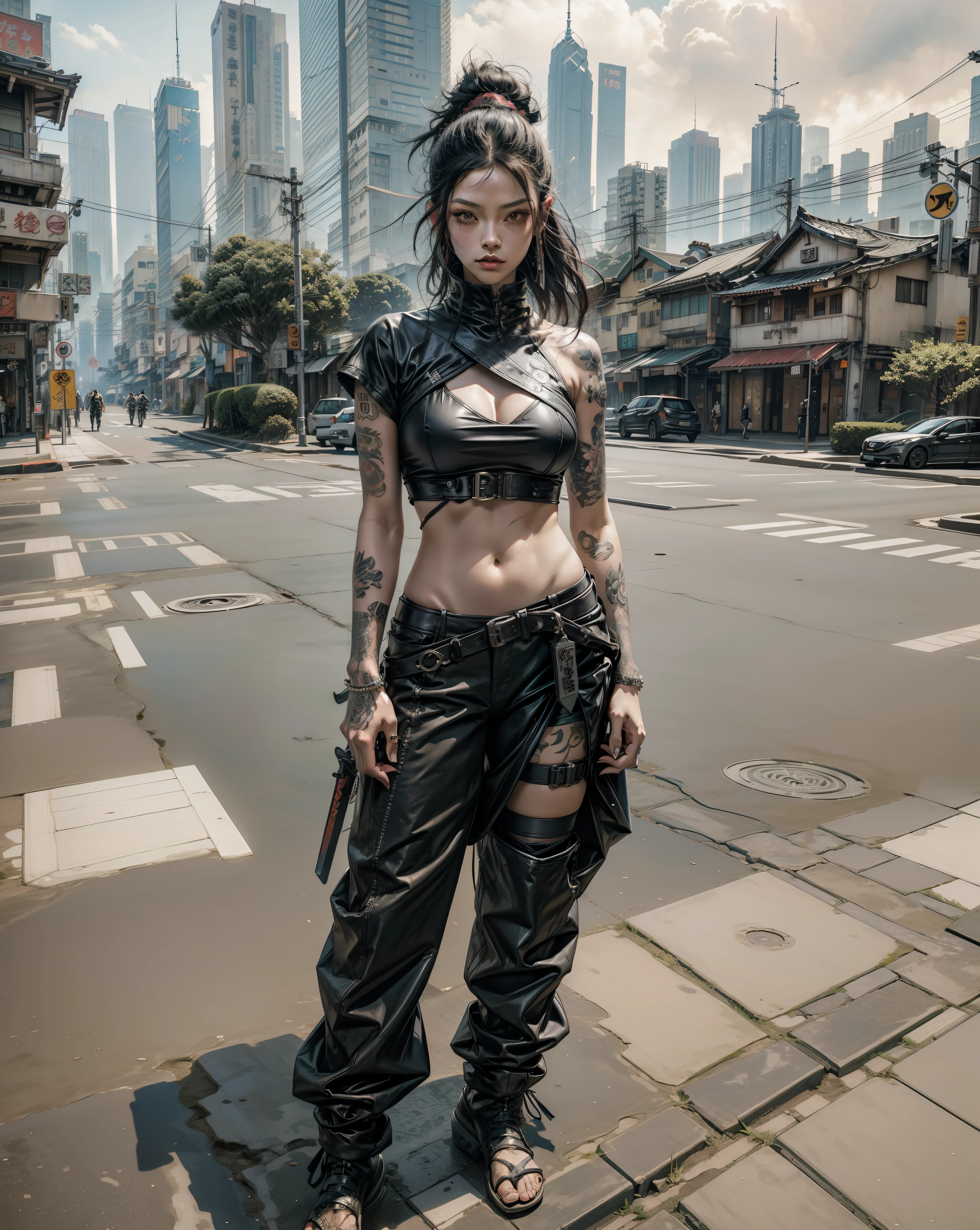 The Aalfelder woman has tattoos,There is a sword in the chest, cyberpunk art inspired by Kanō Hōgai, trend in CGSociety, neo-dada, cyberpunk streetwear, very beautiful cyberpunk samurai, wearing cyberpunk streetwear, Samurai Cyberpunk, cyberpunk street goon, wearing japanese techwear, Cyberpunk costumes, cyberpunk fashion clothes, cyberpunk fashion, Urban Samurai,street of hong kong,skinny pants,Long black leather boots