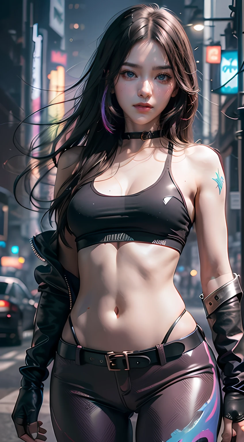 Beautiful hyperrealistic photograph of cute asian cyberpunk girl, wearing cyberpunk tanktop and thight pants, holding katana, colorfull neon background, cluttered Blade Runner background, dynamic pose, concept art, By Brian Froud and Carne Griffiths and Wadim Kashin and John William Waterhouse, intricate detail, 8k post-production, High resolution, super Detail, trending on ArtStation, sharp focus, studio photos, intricate detail, depth of field, f/2.8, cinematic illumination, dark shadows.