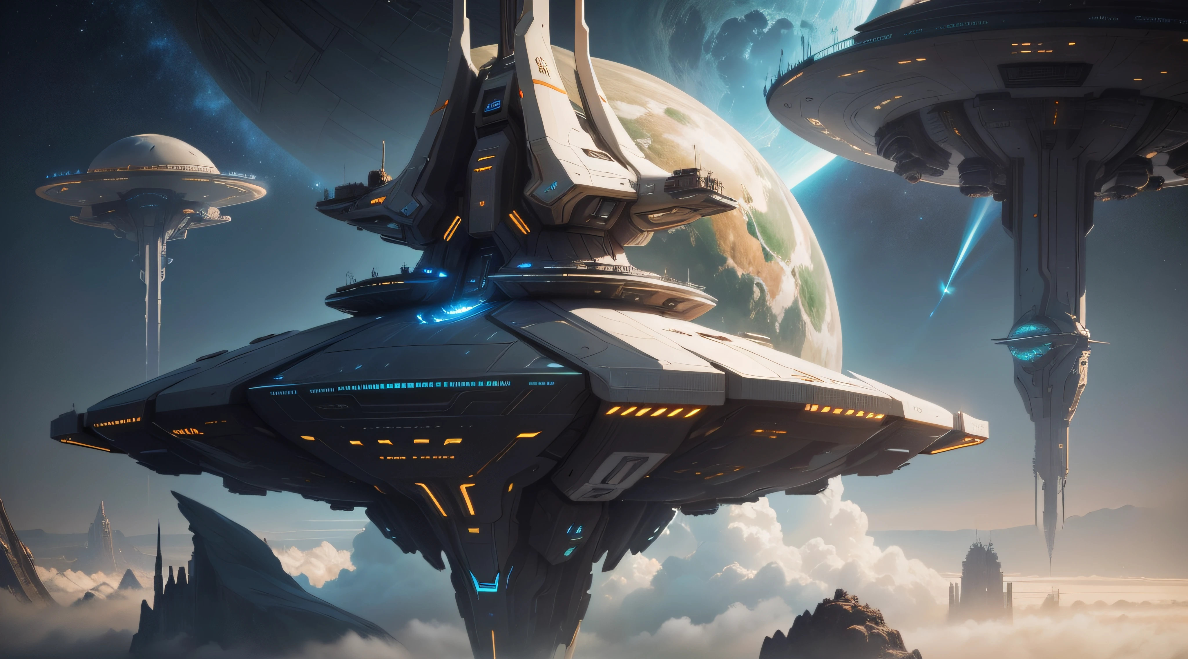 Close-up of futuristic spaceship flying in the sky, mystical sci-fi concept art, High quality digital concept art, scifi concept art, stunning sci-fi concept art, scifi concept art, star - gate of futurisma, huge futuristic temple city, majestic interstellar portal, epic beautiful space scifi, scifi concept art, scifi concept art