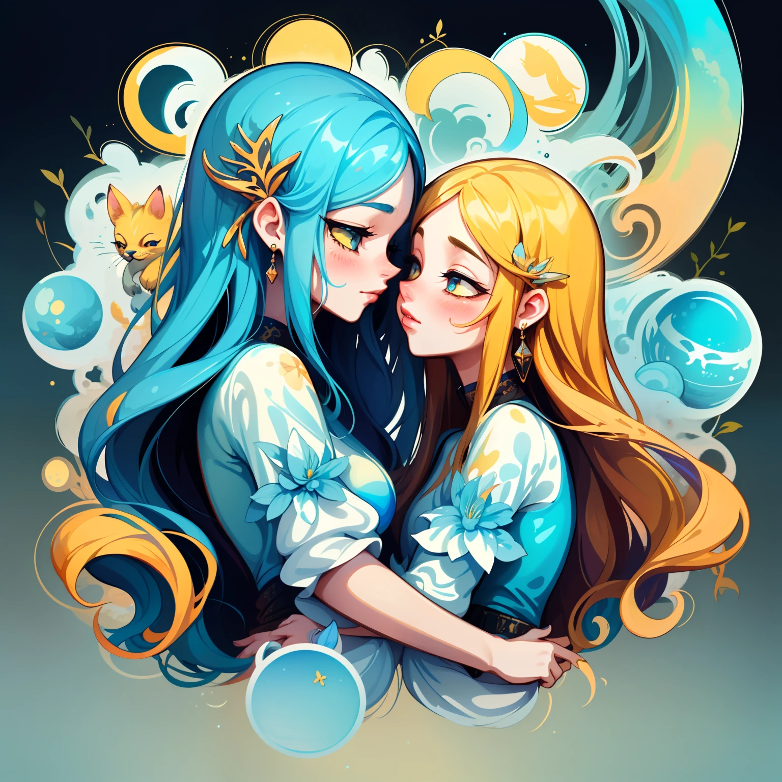 adesivo, fundo simples, portrait, 2 girls, couple, kissing, girl with long hair, beautiful gemini girl, gemini aesthetic, beautiful girl, very beautiful fantasy art, beautiful and elegant female gemini, beautiful detailed fantasy, yellow and blue color palate, yellow color-theme