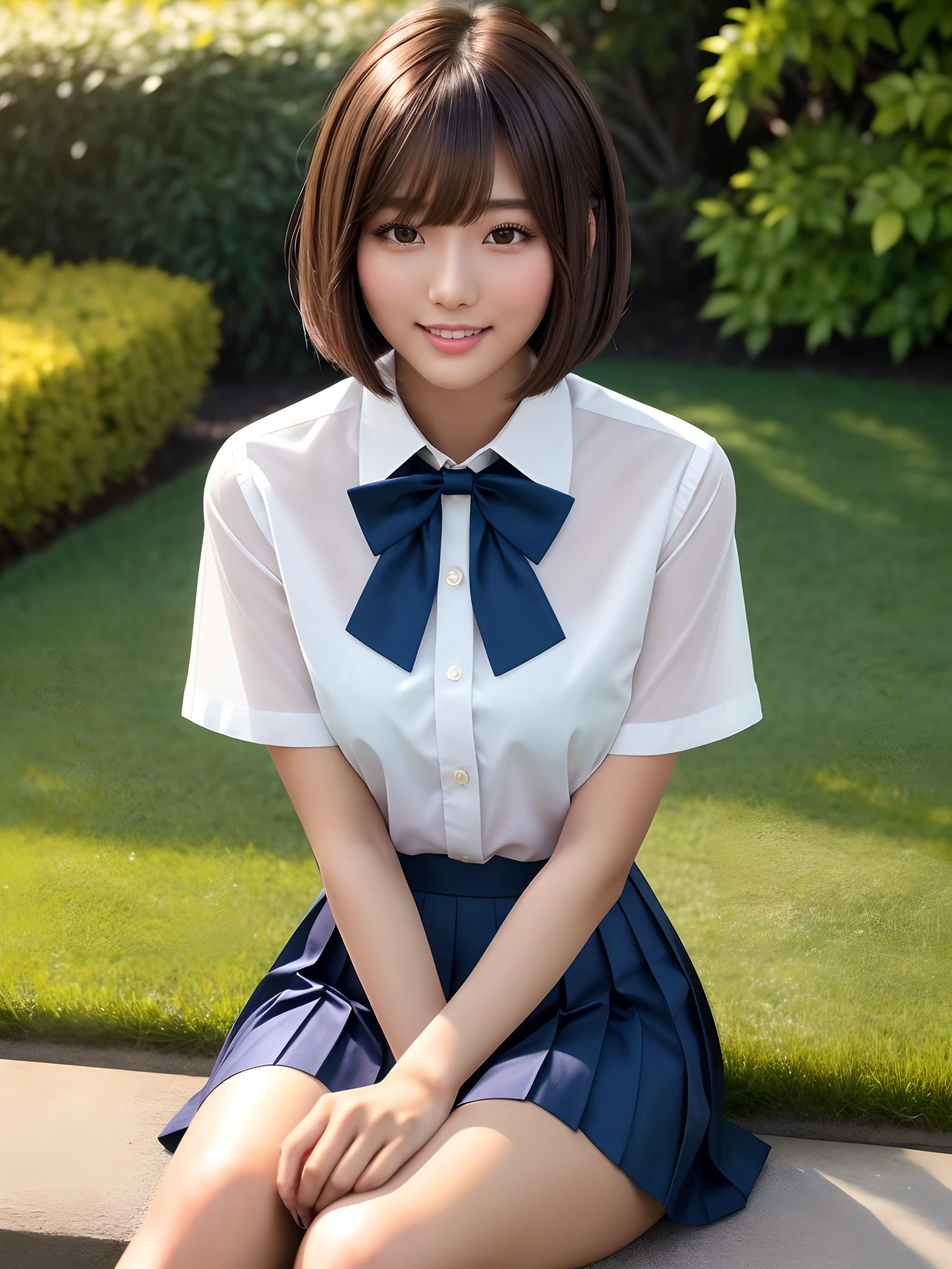 product quality, 1 girl, upper body shot, front view, a Japanese young pretty woman, bob hair, sitting with a big smile on a bench in a park in the evening, having a big hamburger in her hand, glamorous figure, wearing a short sleeves white collared silky shirt with satin dark blue plain bow tie, wearing a dark blue pleated long skirt, carrying one tote bag over her shoulder, hyper cute face, glossy lips, double eyelids in both eyes, natural makeup, long eyelashes, shiny smooth light brown bob hair, asymmetrical bangs, a tanned skin, central image, high resolution, high detail, detailed hairstyle, detailed face, spectacular cinematic lighting, octane rendering, vibrant, hyper realistic, perfect limbs, perfect anatomy