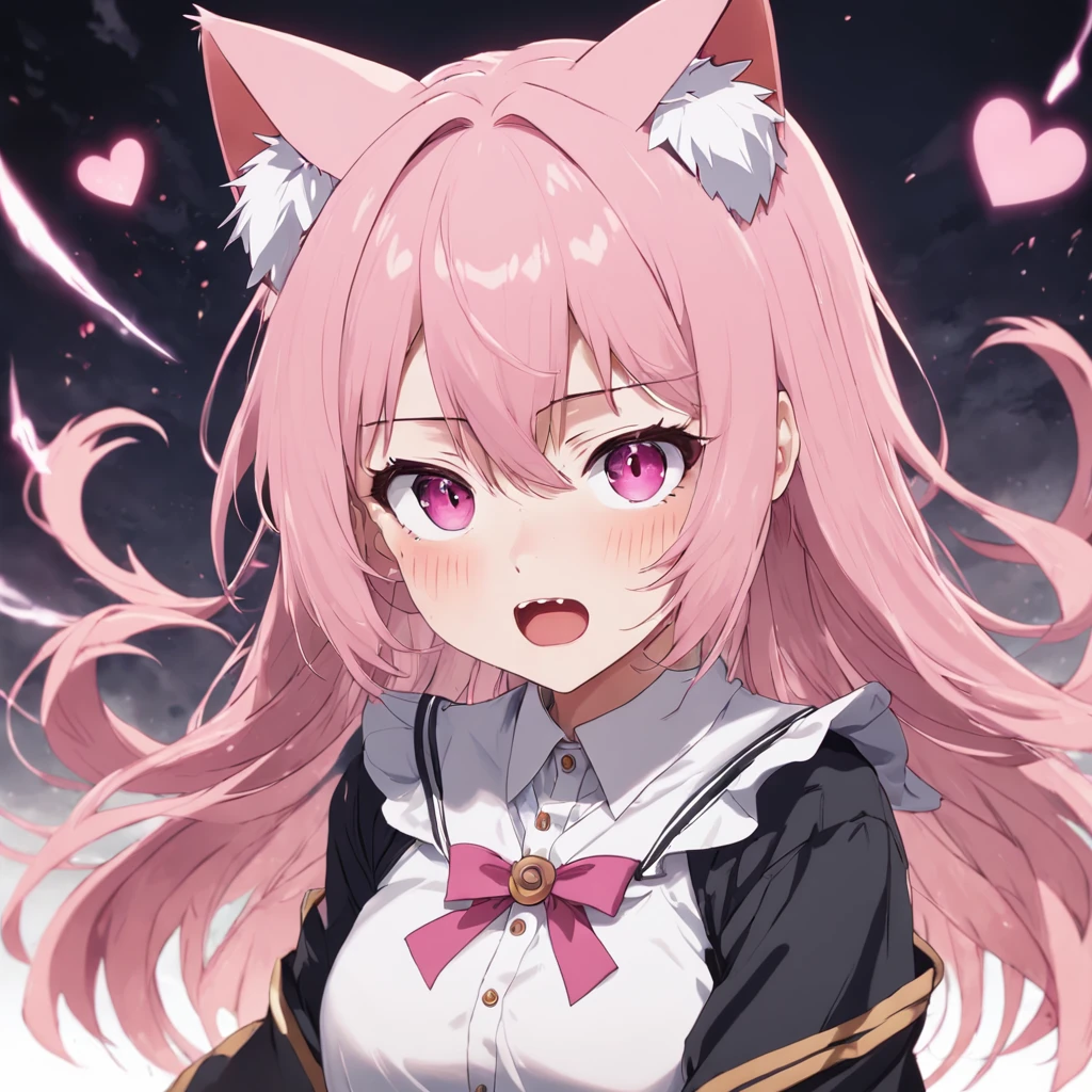 Pink hair, Asymmetrical bangs, Heart-shaped pupils, mismatched pupils, Cat ears, Anime style, 8K，Plain white shirt，flatchest，Tsundere looked up，Showing small tiger teeth