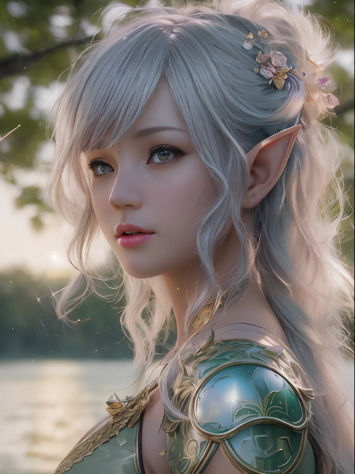 (masutepiece, High resolution, Photorealsitic:1.4), (An enchanting aerial city elf with a sensual and statue-like figure:1.3), (Shortwear, tight-fitting clothes、Walk towards the river:1.2), (Silver hair falling in waves:1.2), (Rosy cheeks blush with a hint of shy:1.2), (Surrounded by the night sky and stars:1.2), (Sunlight shines through the clouds:1.1), (A sparkling river reflecting the landscape:1.1), (Gentle rustling of leaves in the background:1.1), (Canon EOS R5 mirrorless camera:1.2), (Paired with Canon RF 24-70mm f/2.8 L IS USM Lens。:1.2), (Capture the realism of the moment:1.2), (Celebrate the magical charm of meeting the forest:1.2), (Captivating photos that bring fantasy to life:1.1), Cinematic, ultra-detailliert, Insane details, Beautifully color graded, Unreal Engine, degrees of freedom, Hyper-Resolution, Megapixel, cinematic lightening, Anti-aliasing, FKAA, TXAA, nffsw, SSAO, post processed, Post Production, Tone Mapping, ...CGI, VFX, tokusatsu, insanely detailed and intricat, Hyper maximalist, Hyper realistic, Volumetric, Photorealistic, ultra photoreal, Ultra-detailed, Intricate details, 8K, super detailed, fulcolor, Volumetric lightning, nffsw, Realistic, Unreal Engine, 16 K, Sharp Focus, Octane render --v testp