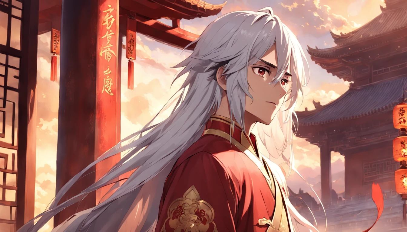 an anime drawing of a long white haired young man in a red and gold outfit, picture of a male cleric, masterpiece, best quality, movie still, 1man, oriental chinese man, standing in front of chinese castle, close-up, bright, happy, warm soft lighting, sunset, (sparks:0.7)