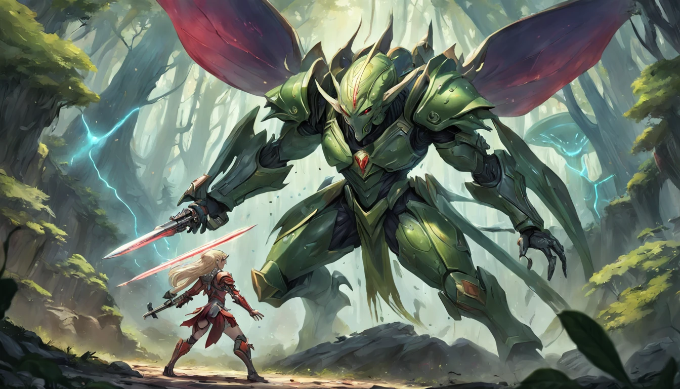 high details, best quality, 8k, [ultra detailed], masterpiece, best quality, (extremely detailed), full body, ultra wide shot, photorealistic, fantasy art, rpg art, sci fi art, realistic art, a wide angle, (((anatomically correct))), fantasy art, sci fi art, a green skined alien fighting an elf fantasy warrior, science fiction against fantasy, a battle between alien and an elf, alien fighting a fantasy elf (((1)) medium sized alien, a creature from outer space, alien (intense details, Masterpiece, best quality) with green skin, wearing mech armor reelmech, armed with laser gun, fighting (((1))) female fantasy elf knight  (intense details, Masterpiece, best quality), wearing elven armor LnF elven armor, armed with a sword, fantasy agains sci fi, fantasy forest background, dynamic light