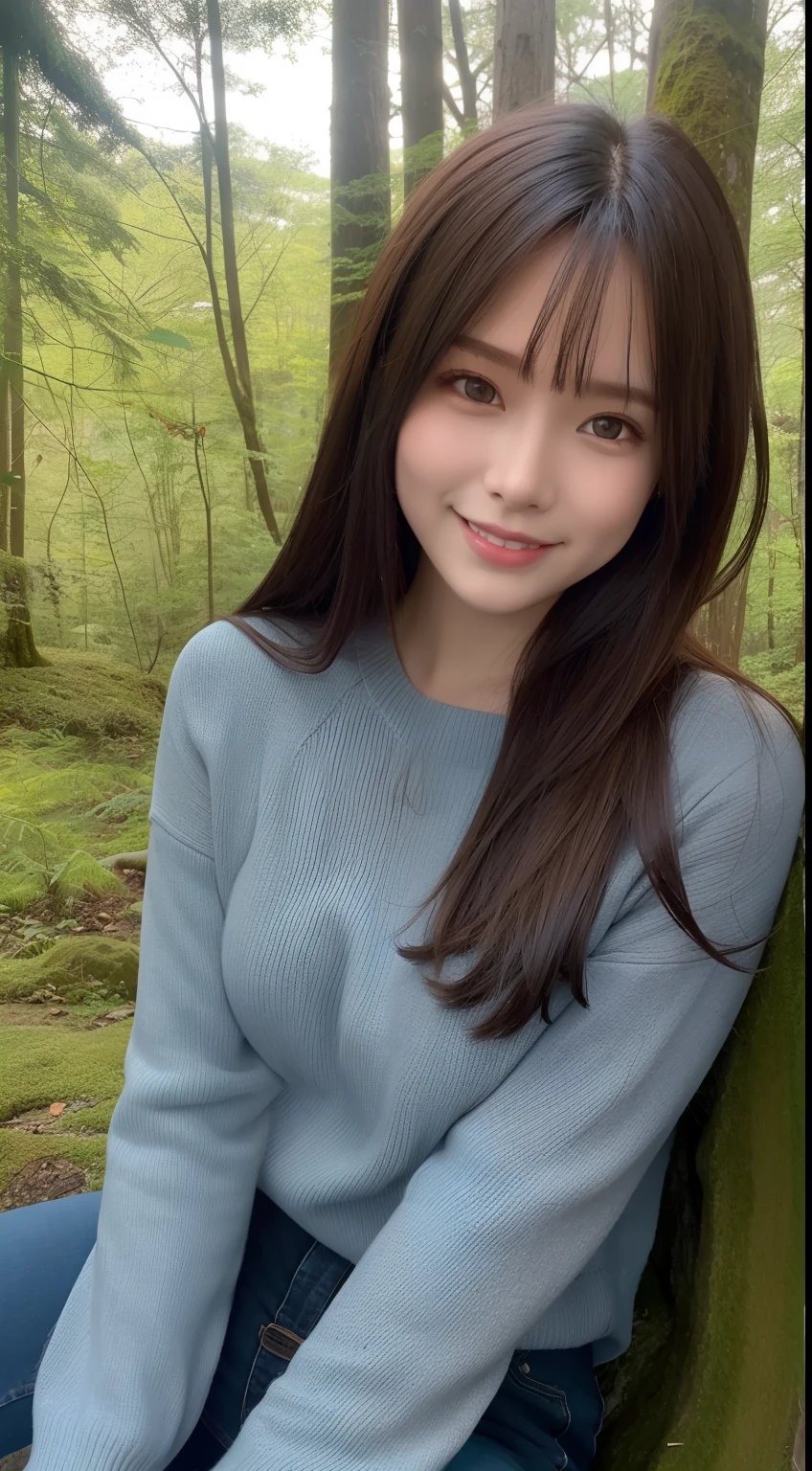 A smiling girl,Tight sweater,denim pant,Sitting on a large mossy rock in the woods,com rosto detalhado,The eyes are delicate,The photo quality is the best,Realistic image quality,Background diffuse lighting,Depth of field display。