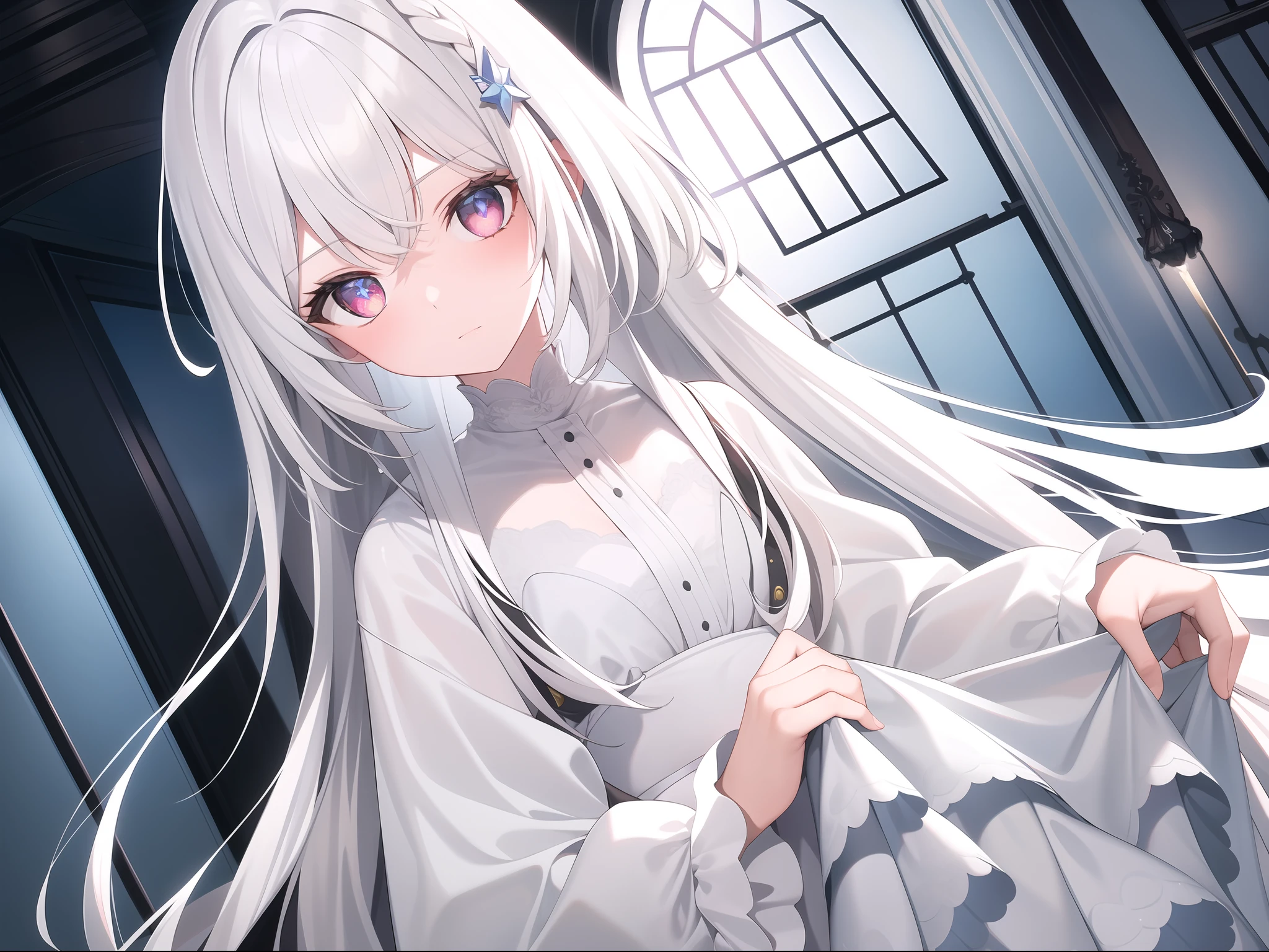 ((Masterpiece, Best quality))++, Detailed light+, Detail hair+, detail hand+ ,1girll, woman, Long hair, Crimson eyes, Beautiful eyes, Young gray hair,,(Beautiful white hair:1.5),(Beautiful detailed eyes), high resolution+, blacksilk , a black skirt, Glass tones, Reflective eyes, {{Angle}} , extremelydetailedwallpaper, Original, ,