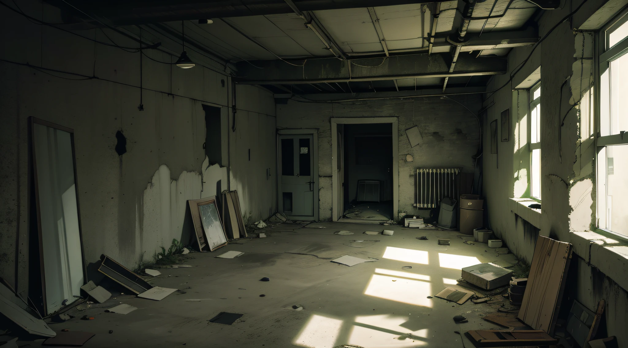 Shabby ground,Gloomy basement,Gray-green tones,Broken,Paint off,cement wall,Rough room,darkly,unholy