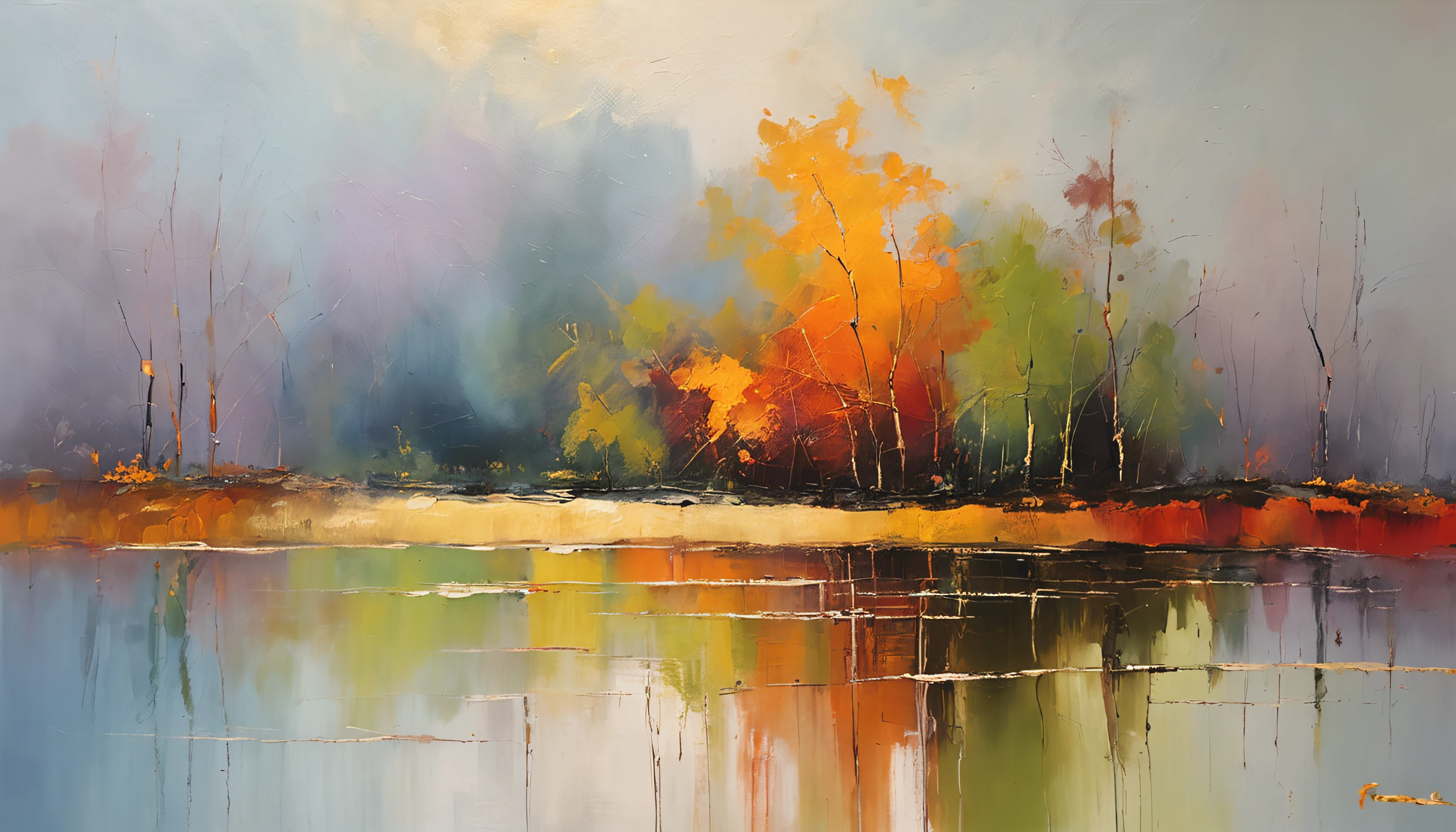 tmasterpiece, top-quality, high detal, Impressionism, Autumn morning, Cruise along the lake in the morning mist, haze, Cinematic light,