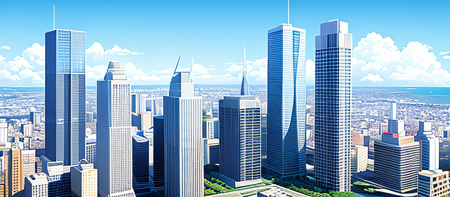There are many high-rise buildings with blue skies in the city, large sky, Clear sky, clear beautiful sky, blue clear skies, sunny clear sky, commercial banner, sky theme in background, wide image, Wide landscape, urban backdrop, um dia ensolarado, clear summer sky background, Clear blue sky, urban in the background, Sunny environment, Blue sky, Sky view