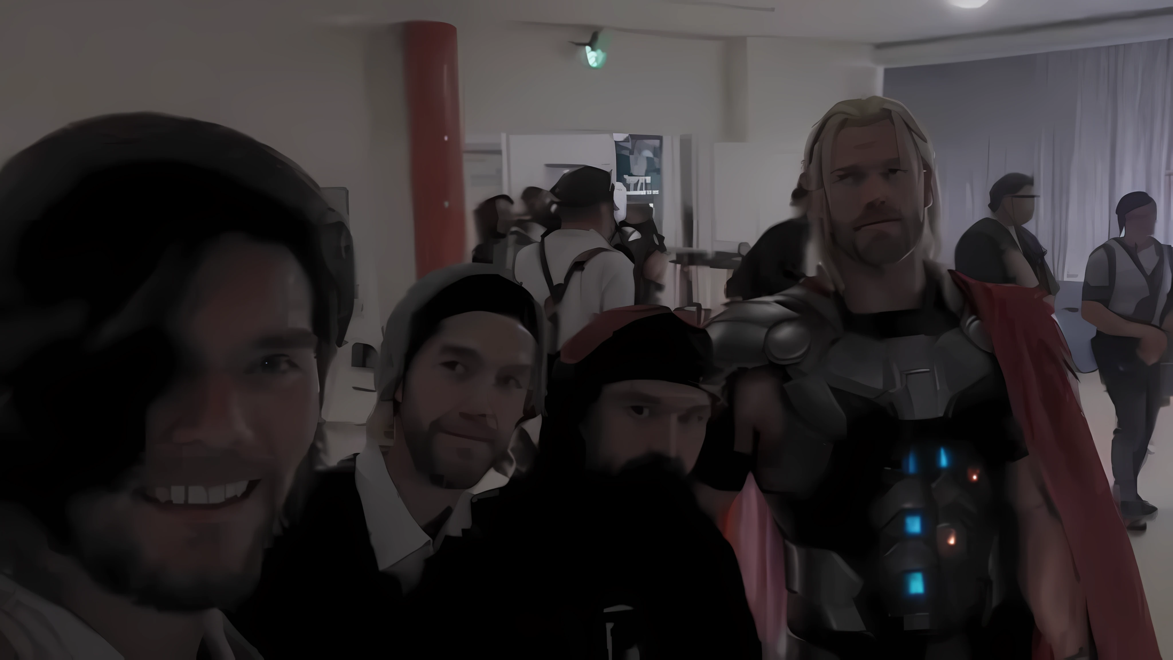 tem muita gente junta em uma sala com muita gente, imagem de qualidade muito alta, foto de alta qualidade, Cosplay, imagem nitida, foto focada, imagem muito desgranulada, anime convention, Eram oito pessoas do anime, non blurry, Filmed on Gopro camera, fotografia de (((ALTA))) qualidade, Cosplayer, non blurry, animesco, thor
