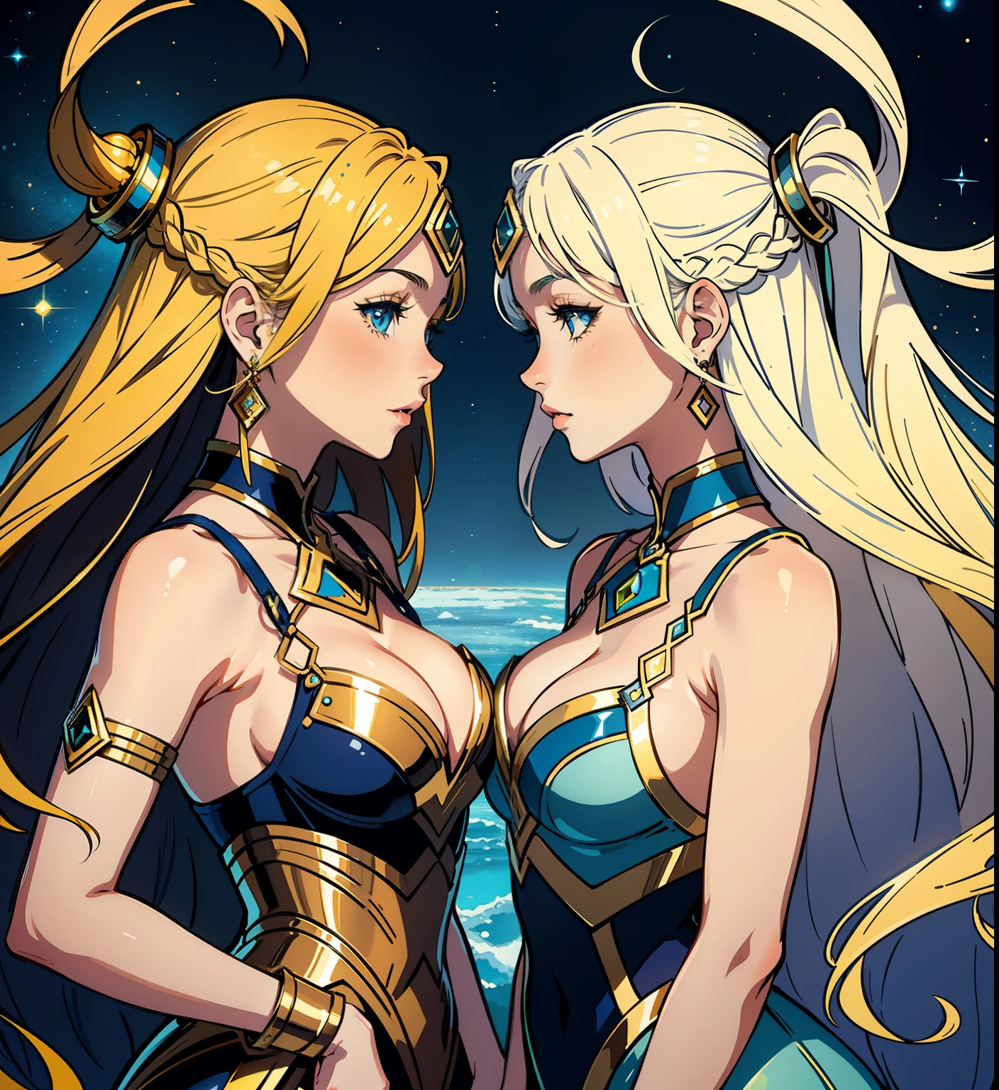 adesivo, fundo simples, portrait, 2 girls, couple, kissing, girl with long hair, beautiful gemini girl, gemini aesthetic, beautiful girl, very beautiful fantasy art, beautiful and elegant female gemini, beautiful detailed fantasy, yellow and blue color palate, yellow color-theme