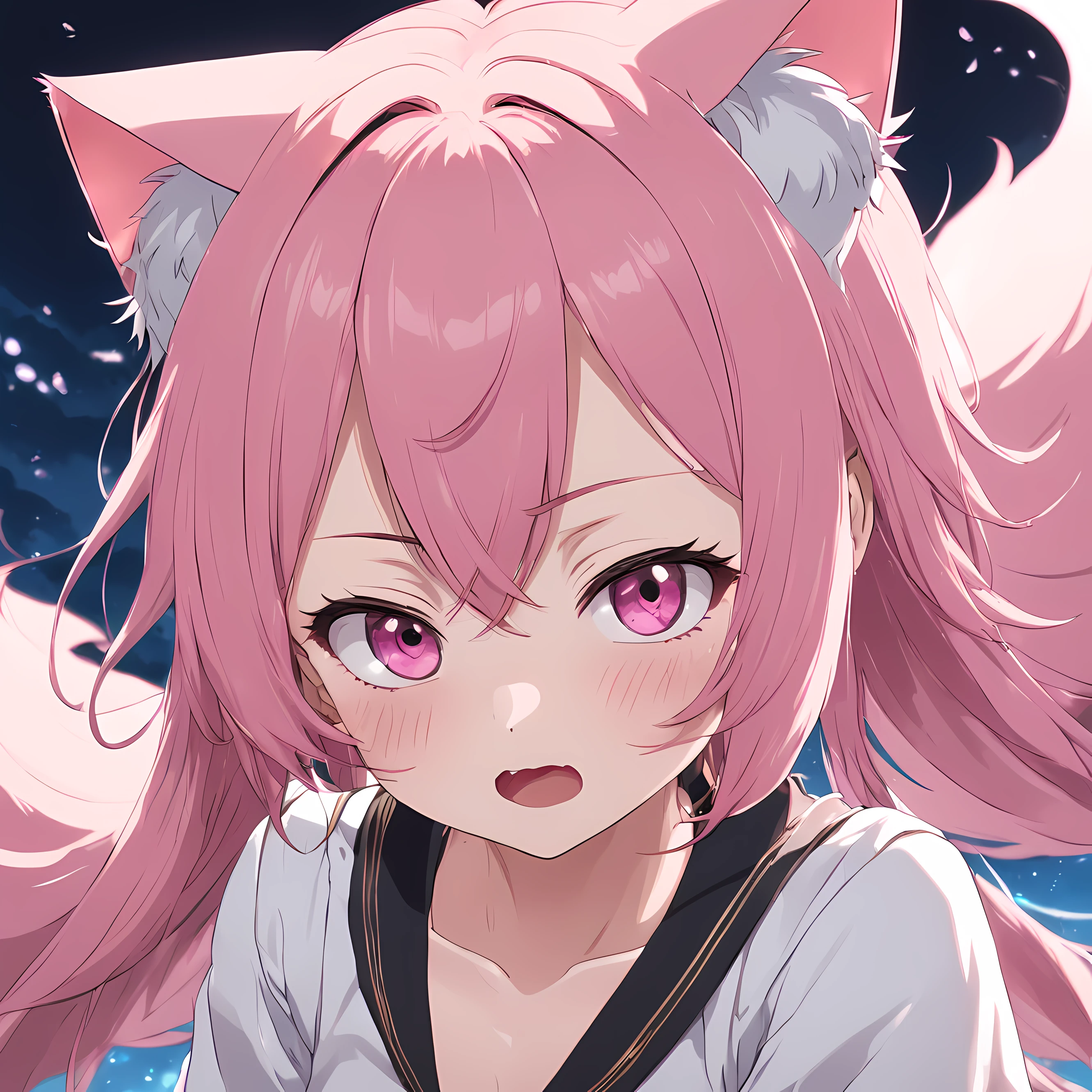 Pink hair, Asymmetrical bangs, Heart-shaped pupils, mismatched pupils, Cat ears, Anime style, 8K,Plain white shirt,flatchest,Tsundere looked up,Showing small tiger teeth