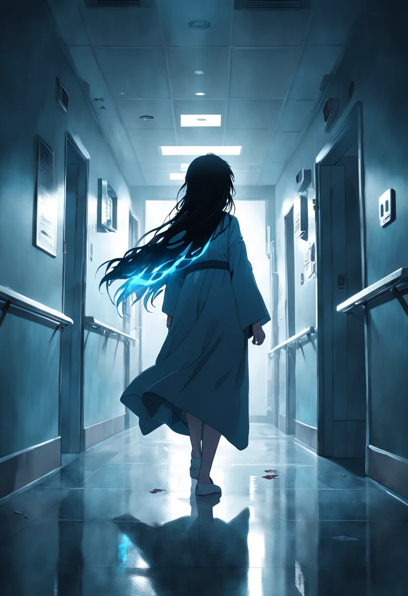 ((Late night hospital)),Dark corridors,Woman with a shawl,Scary atmosphere,Woman in dark corridor,mystical figure,(It was raining heavily outside the window:1.2),Bursts of thunder,The hallway is creepy,Bring a ray of light thunder
