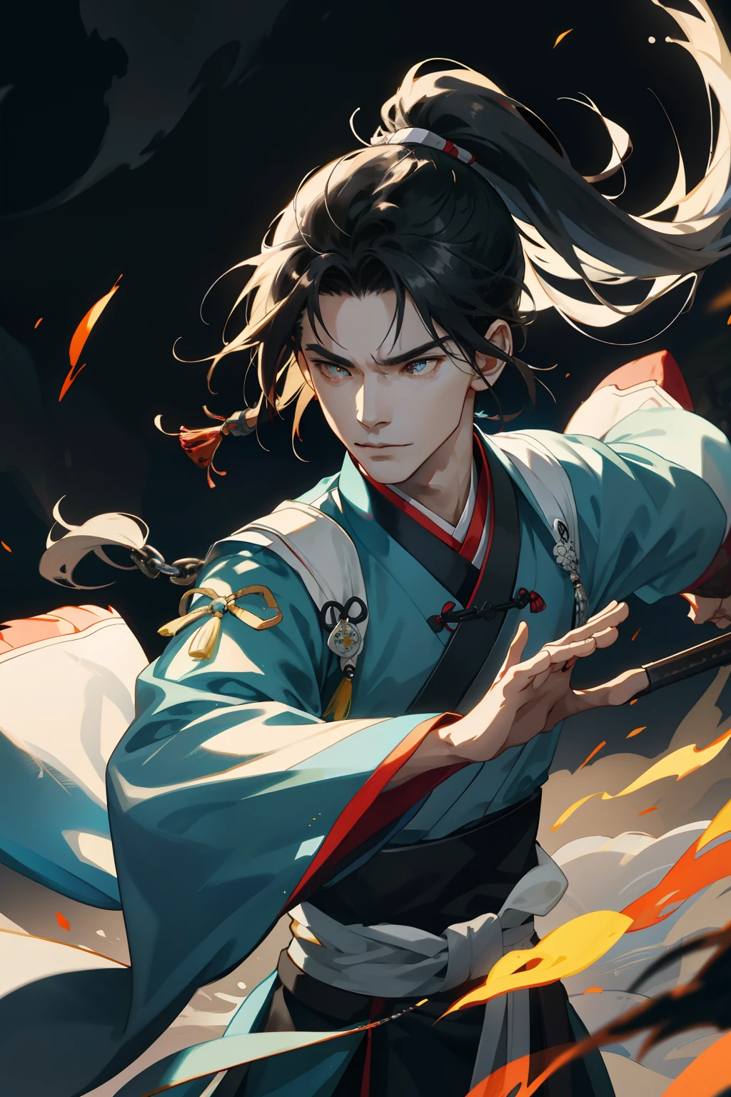 1 Men in Chinese mythology, With a weapon in his hand,mature, With a ponytail,There is a manhood, Handsome, finely quality eyes, Complicated details, sportrait, 独奏, Half shot, detailedbackground,A determined expression、Immortal、Hovering in the air、bright clouds、Floating garbage、Combat posture、Colored chain mail、A holy blow、Backlit realistic lighting、Armory、Hair flutters in the wind,(Hanfu), Surrounded by ink,Surrounded by wind, Clear face, Clear and bright eyes, High detail, (A high resolution, ultra - detailed), Cinematic lighting, Motion blur, Ray tracing, reflective light, (Close-up), Masterpiece, Best quality, High quality, Anatomically correct, Textured skin, High details, Super detail, 1080p, hyper HD,