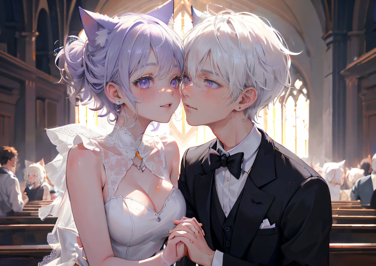(1boy and 1girl), (cat ears:1.2), short hair, silver hair, white hair, purple eyes, masterpiece, pov, medium breast, absurdres, messy hair, cute smile, winking, blushing, nice hands, boy in a tuxedo suit, girl in a wedding dress, holding hands, (heart in the pupils:0.2), floating heart, heart earrings, white hair, full-face blush, looking at another, face-to-face, the church pipe organ can be seen in the background.