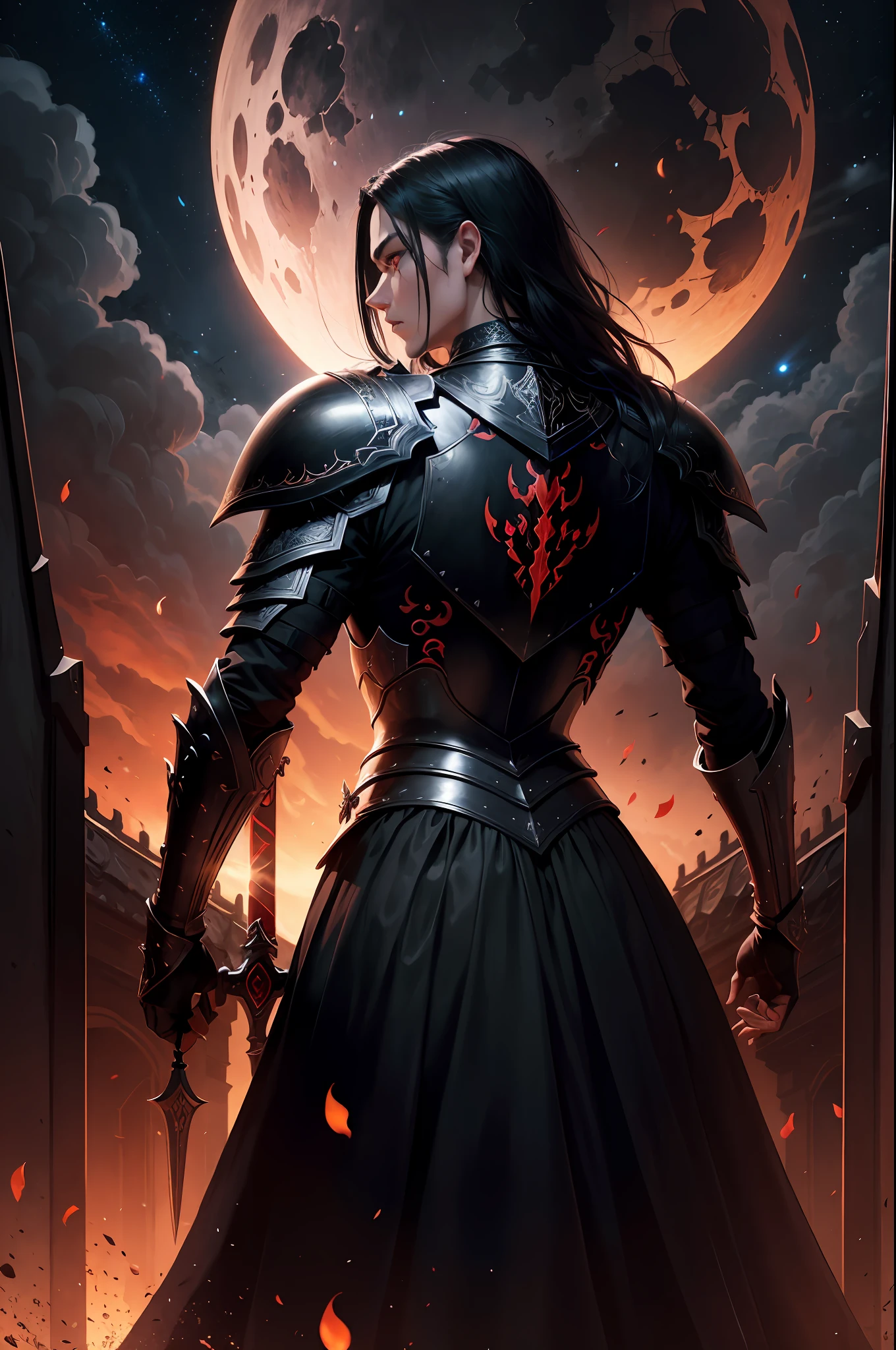tmasterpiece，The light from the back window is backlighted，the night，A lonely king，(Detailed face)，Black armor，(burial site)，giant sword，standing on your feet，red eyes，wide wide shot，（beautiful and detail face），Black cloudy sky，on fire，Red moon