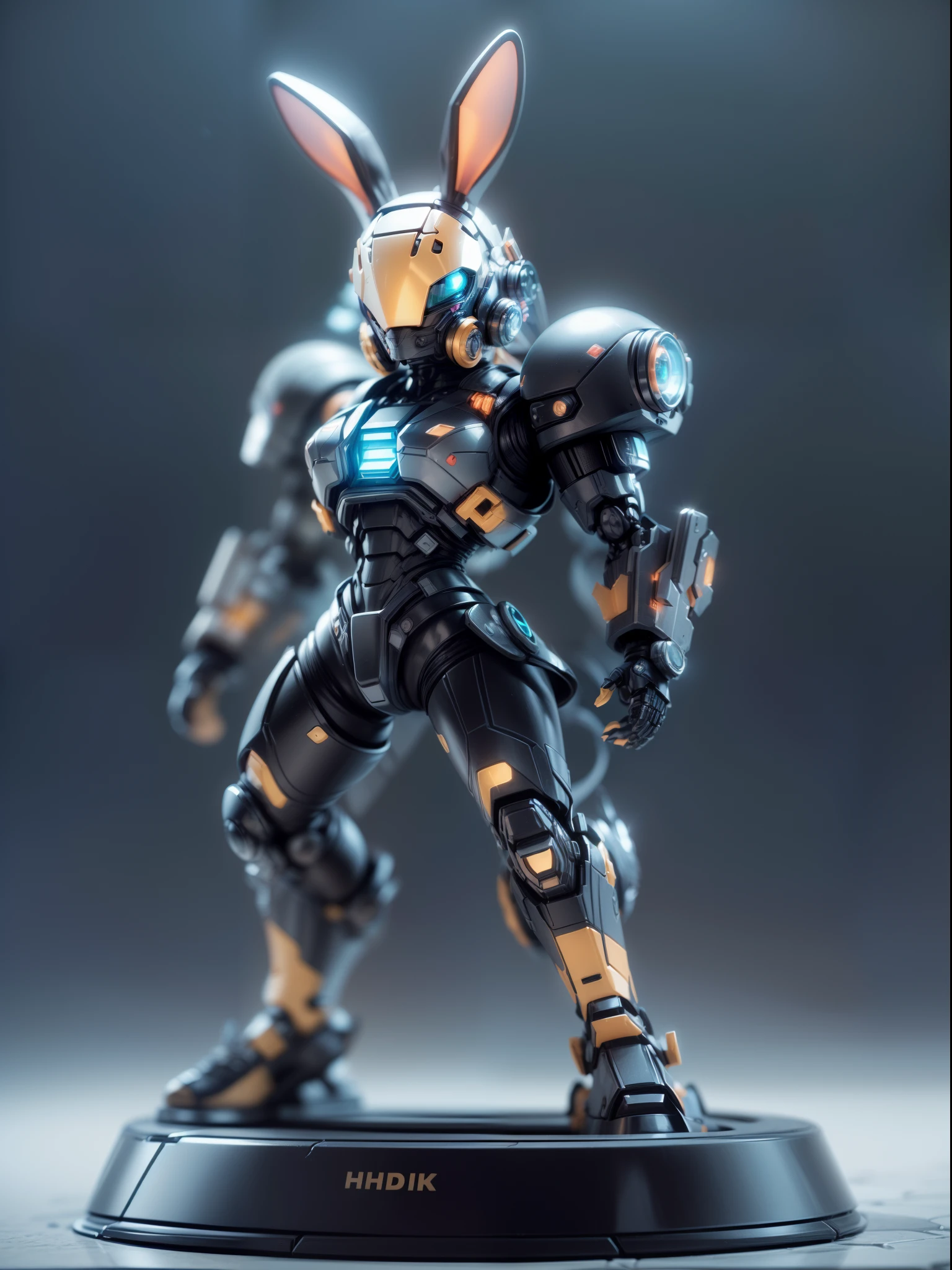 (Blind box toy style:1.3),((Full body shot)),(anthropomorphism),(1 strong rabbit warrior,solo),transparent plastic mecha,dreamy glow, cyberpunk style,Clean black background,black style,(circular base)( Global illumination, Ray tracing, hdr, unreal render,reasonable design, high detail, Masterpiece, Best quality, hyper HD, Cinematic lighting)