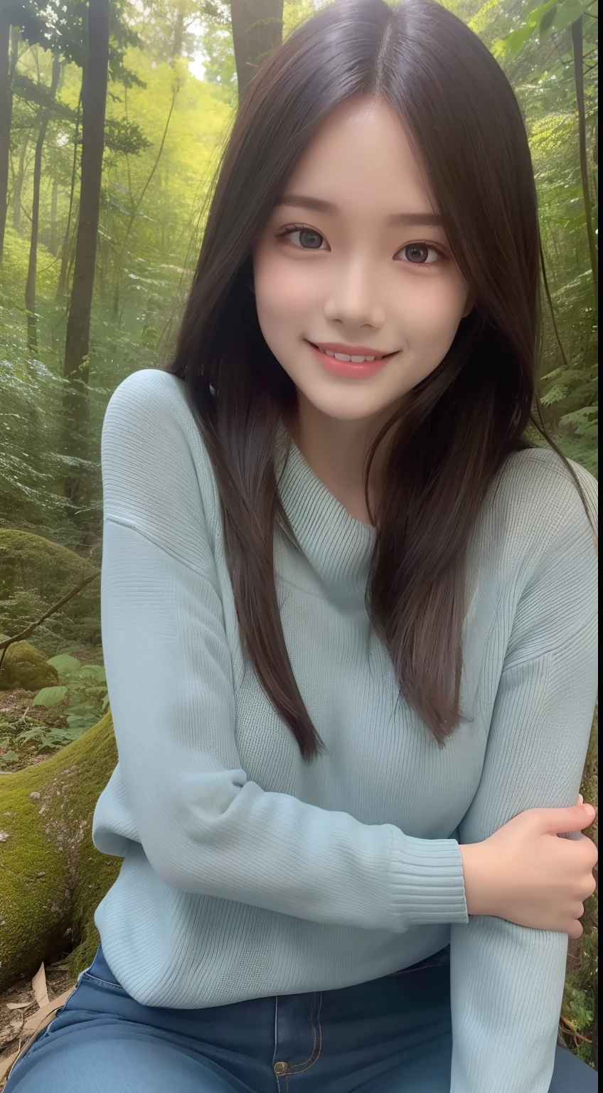 A smiling girl，Tight sweater，denim pant，Sitting on a large mossy rock in the woods，com rosto detalhado，The eyes are delicate，The photo quality is the best，Realistic image quality，Background diffuse lighting，Depth of field display。