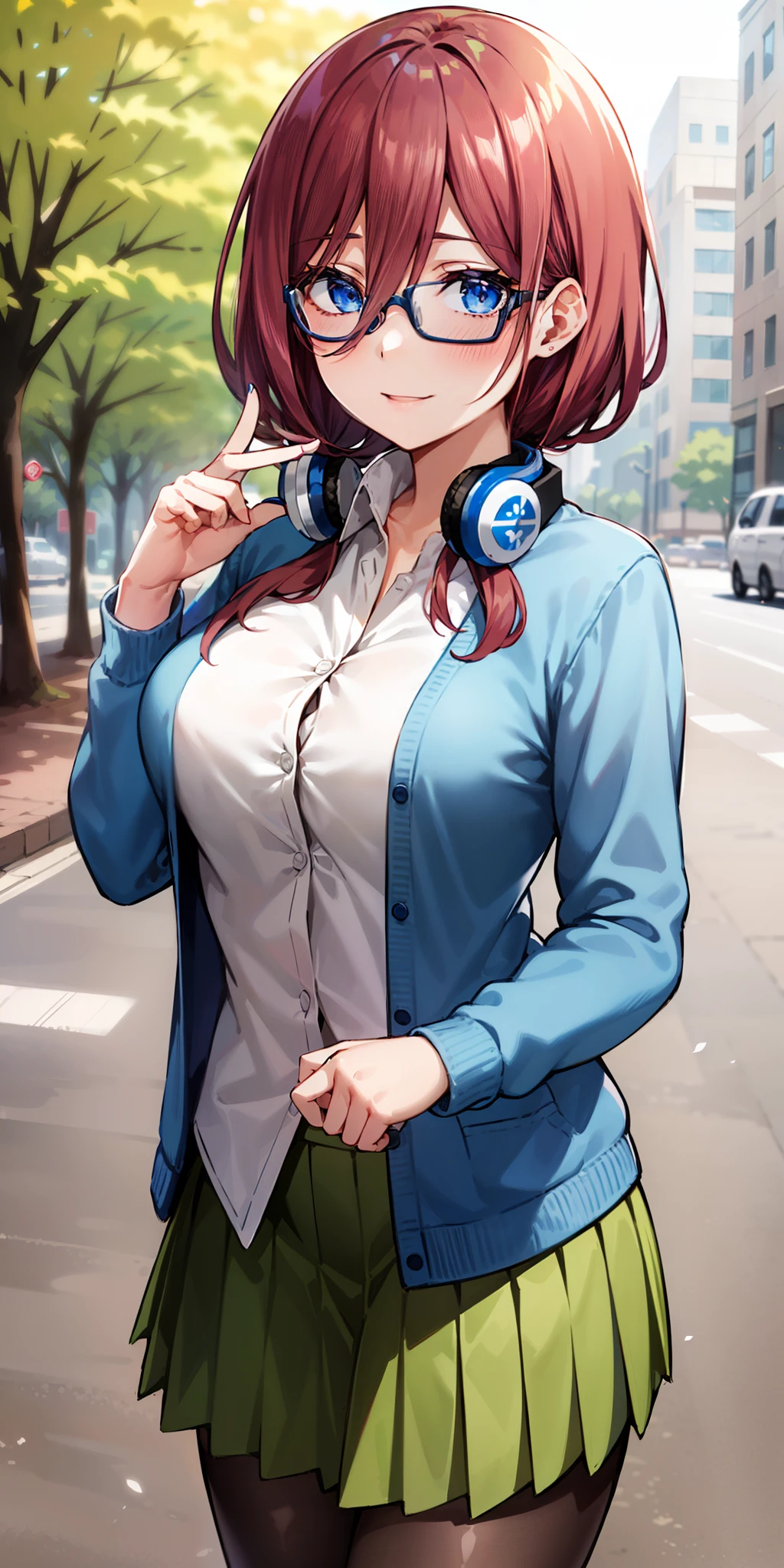 2d, masterpiece, best quality, anime, highly detailed, 1girl, solo, cowboy shot, nakano miku, brown hair, hair between eyes, blue cardigan, headphones, pantyhose, collared shirt, green skirt, miniskirt, medium breasts, standing, school, outdoors, smile, (((glasses))), ((rim-less eyewear)), (((mature female))), tall, beautiful, medium breast, milf, (eyewear:0.9)