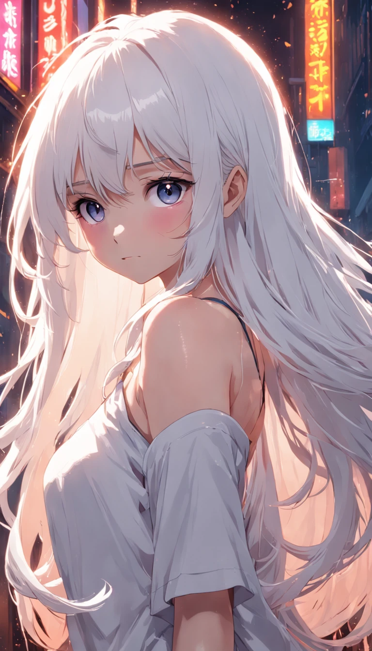 long  white hair，Nudity all over，teens girl，largeeyes，8k，Soft lighting，