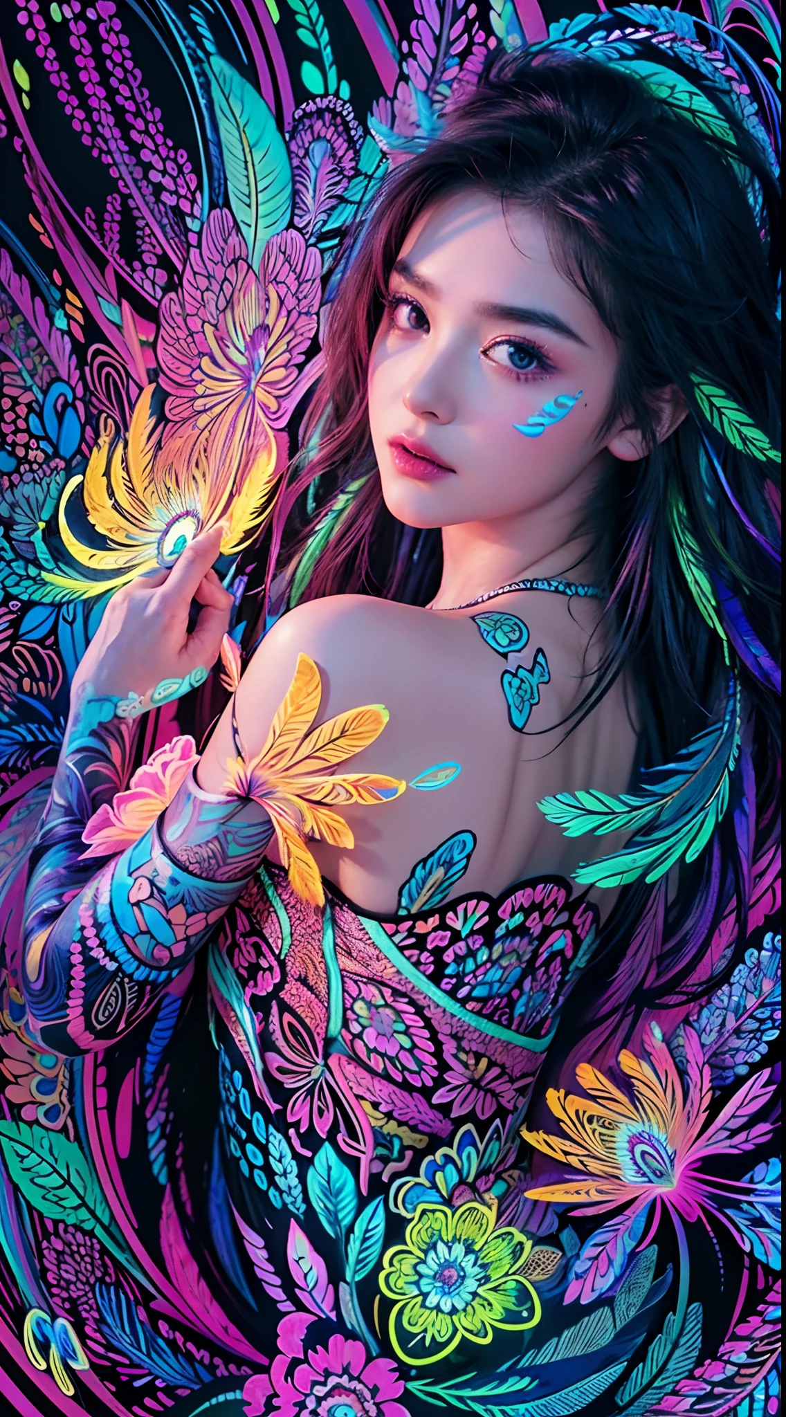 masterpiece, top quality, best quality, official art, beautiful and aesthetic:1.2), (1girl:1.3), extremely detailed,(fractal art:1.1)neon,(colorful:1.1)neon(flowers:1.3)neon,highest detailed,(zentangle:1.2)neon, (dynamic pose), (abstract background:1.3) neon, (shiny skin), (many colors:1.4)neon, (feathers:1.5), neonlight