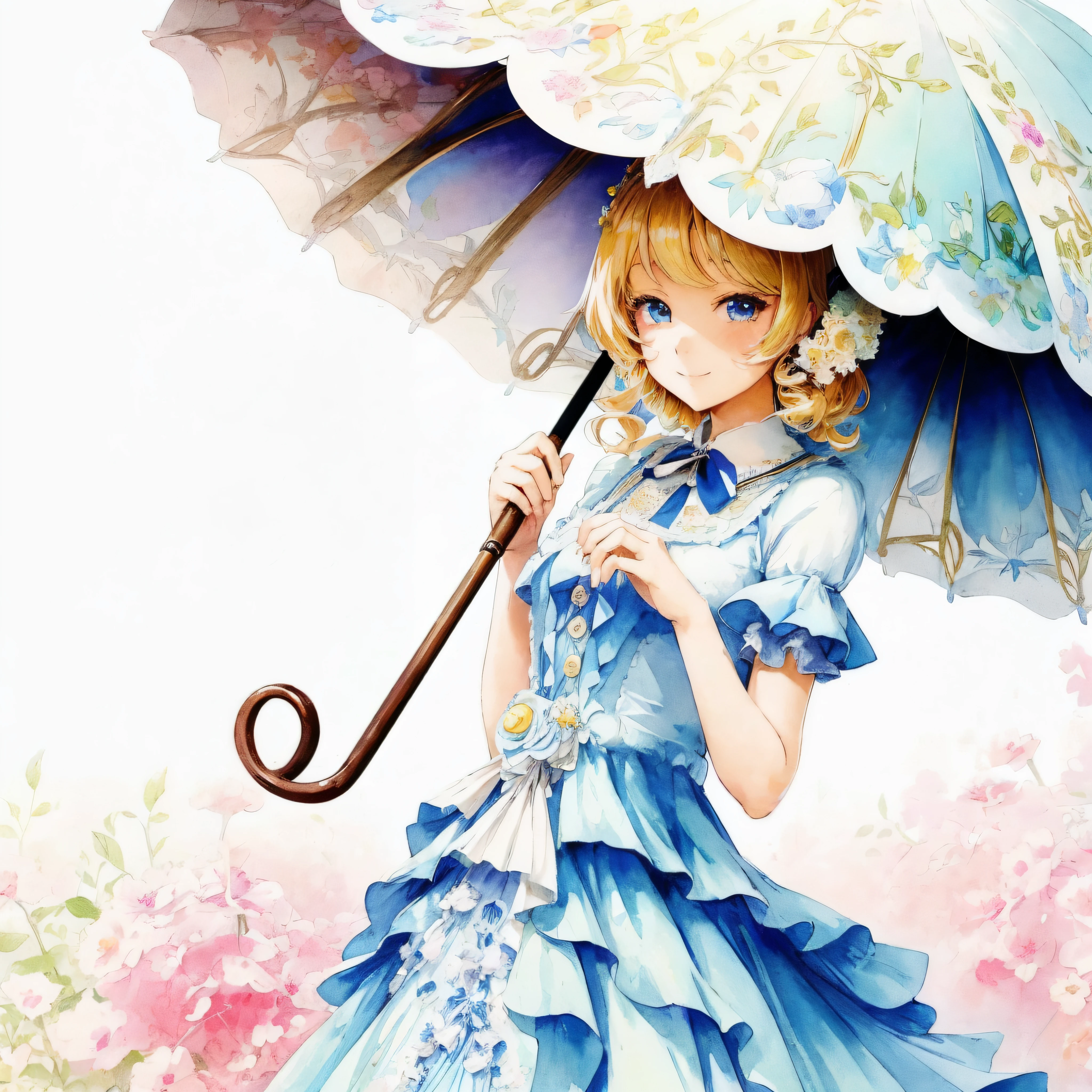 Girl in blue dress holding parasol, gently smiling, Beautiful anime girl, in dress, pretty anime girl, beautiful anime woman, Cute anime girl, Anime princess, Beautiful anime, (Anime Girl), beautiful anime style, Lori, Cute anime waifu in a nice dress, beautiful anime art, beautiful fantasy anime, Anime Girl, charming anime girls