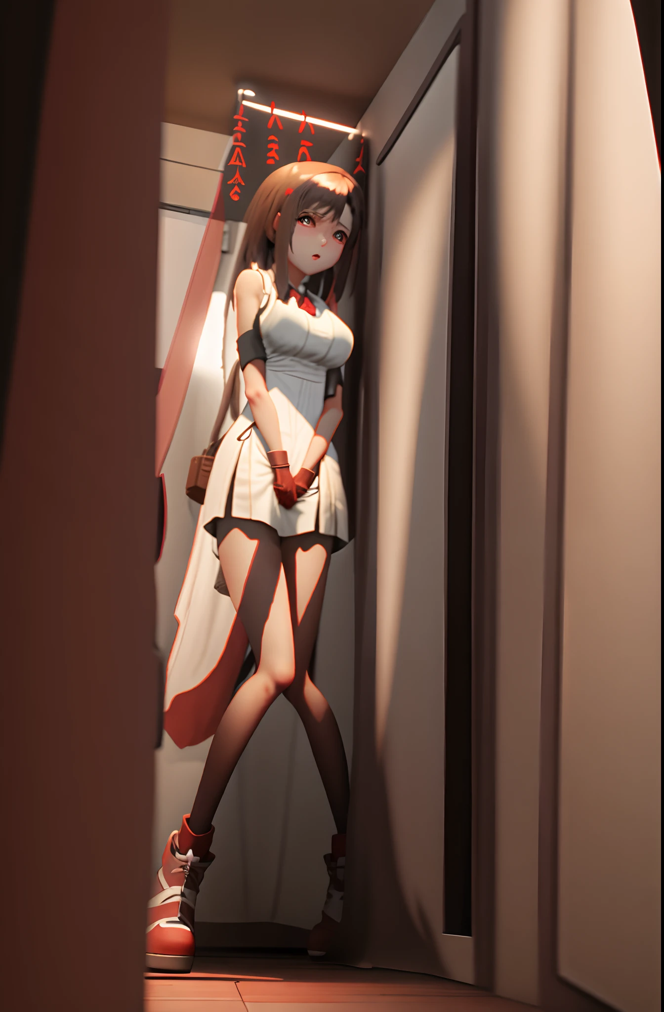 whaite hair，Red eyes，the maid outfit，Firearms，squatting pose，short detailed hair，white  clothes，stocklings，Orgasmic face