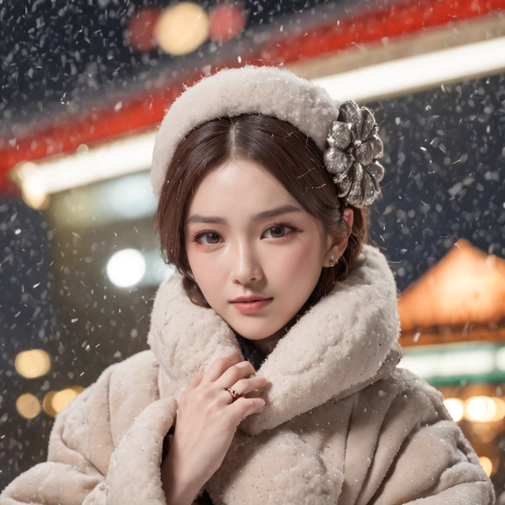 The background is Minato Mirai 21、the Ferris wheel、Time is night、Depicting a heavy snowfall scene in the middle of winter、The figure is at an angle of 45 degrees、Inverness coat、Women in long coats。She has pale black eyes and a pale brown chignon hairstyle.、piercings、muffler..Shoulder bag、Other Bracelets、wrist watch、She also wears long boots.