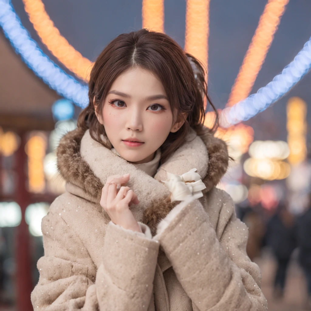 The background is Minato Mirai 21、the Ferris wheel、Time is night、Depicting a heavy snowfall scene in the middle of winter、The figure is at an angle of 45 degrees、Inverness coat、Women in long coats。She has pale black eyes and a pale brown chignon hairstyle.、piercings、muffler..Shoulder bag、Other Bracelets、wrist watch、She also wears long boots.