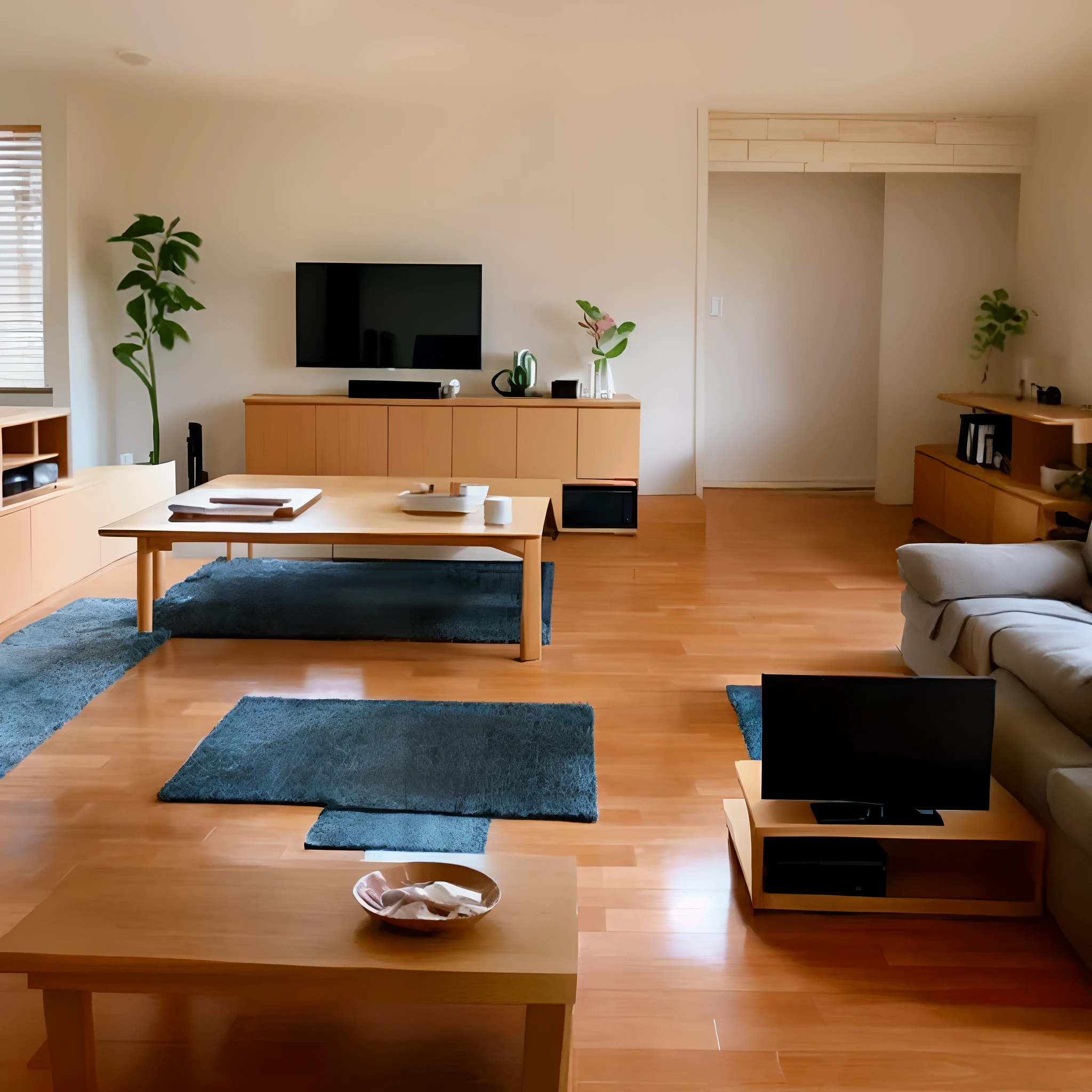 There is a living room with a sofa., The table, and TV, in a japanese apartment, throughout the room, modern japanese living room, Japanese houses, Minimalist and clean, Warm living room, minimalist design, Minimal Modern, livingroom, Living room atmosphere, Interior Living Room, My Home, Apartment design, In a cozy apartment, Natural lighting. 8 K, Japanese style