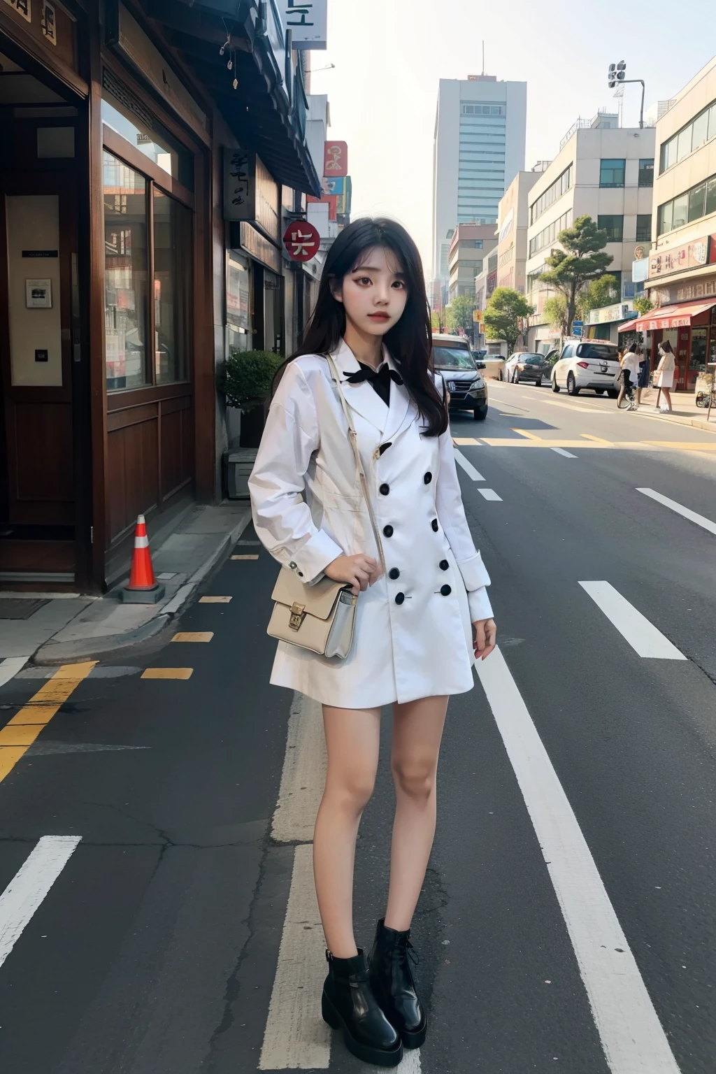 asian, (photorealistic), (unedited photo),(realistic face, detailed face),(Korean beauty, k-pop idol),(detailed eyebrows, realistic beautiful eyes), (juicy lips), (beautiful natural eyes), (mixed white asian),(dark natural eyes),(beautiful face), sweaty skin, soft skin, realistic skin, raining, umbrella, long black socks, trench coat, street view
