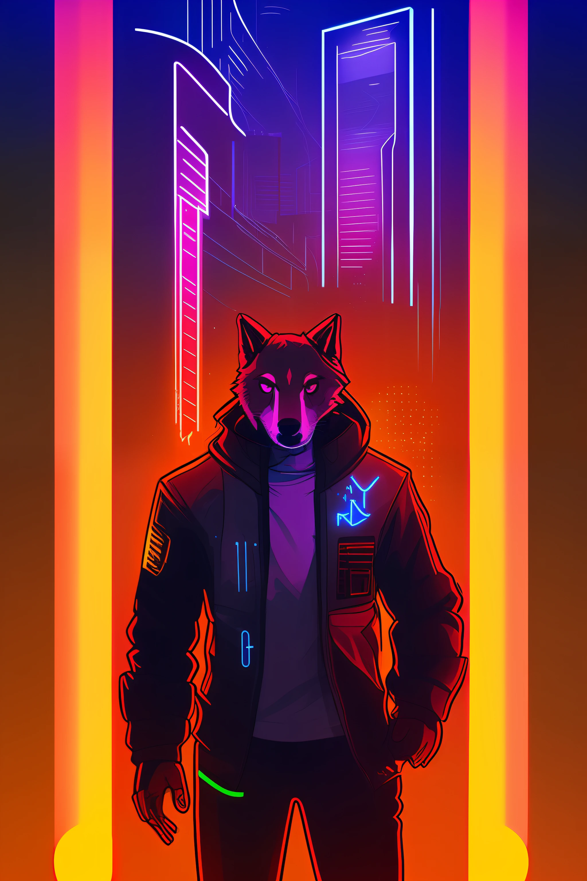 Sticker, Cyberpunk wolf, anthro wolf in Cyberpunk clothing, bisexual lighting