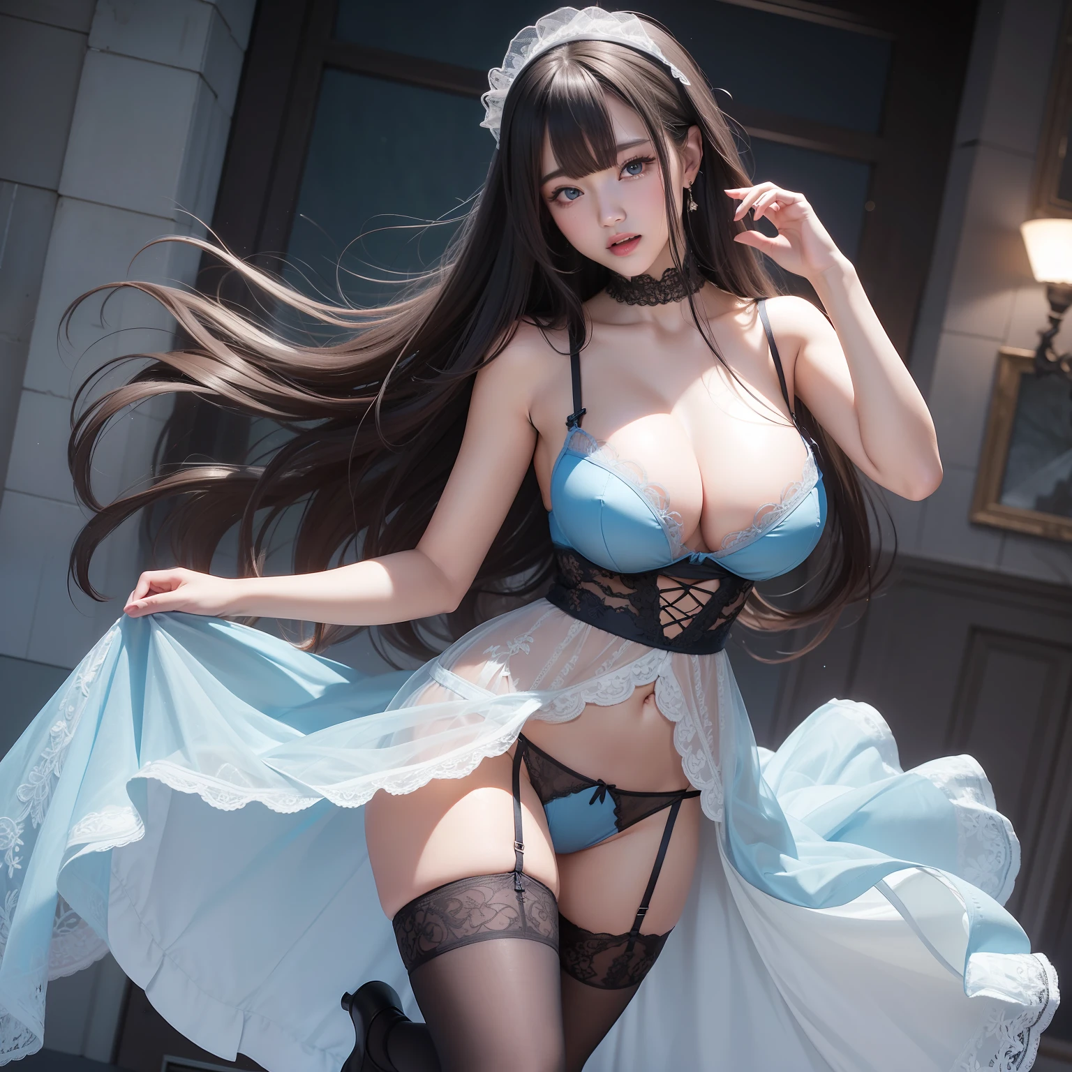 from below, looking back, skirt lift, super high image, super detail, super high resolution, anime, manga, illustration, intelligent beauty, laugh like a prankster, happy, shy, white glossy short wavy flowing layered messy hair, blue big sparkling eyes, red alluring moist lips, black knee high socks, thighs, light blue lace bra and panty, thong, skimpy bottom, lace babydoll long dress, fluttering long skirt, garter belt, lingerie, make up, ecstatic expression, amorous expression, seductive look, large breasts, under boob, side boob, great proportion, perfect proportion, slender, full body, armpit