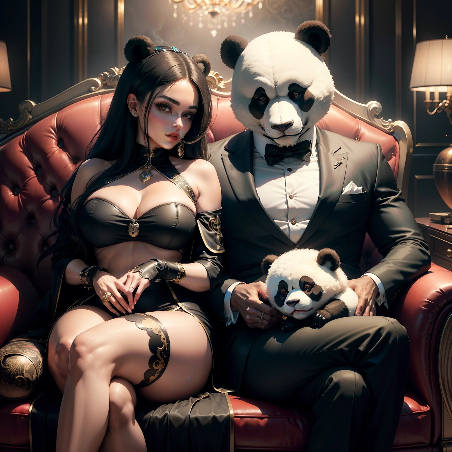 Panda head and humanoid body in gangster clothes, Beautiful woman sitting on lap smoking cigar sitting on luxury European sofa), Background features (Gorgeous décor and furniture).