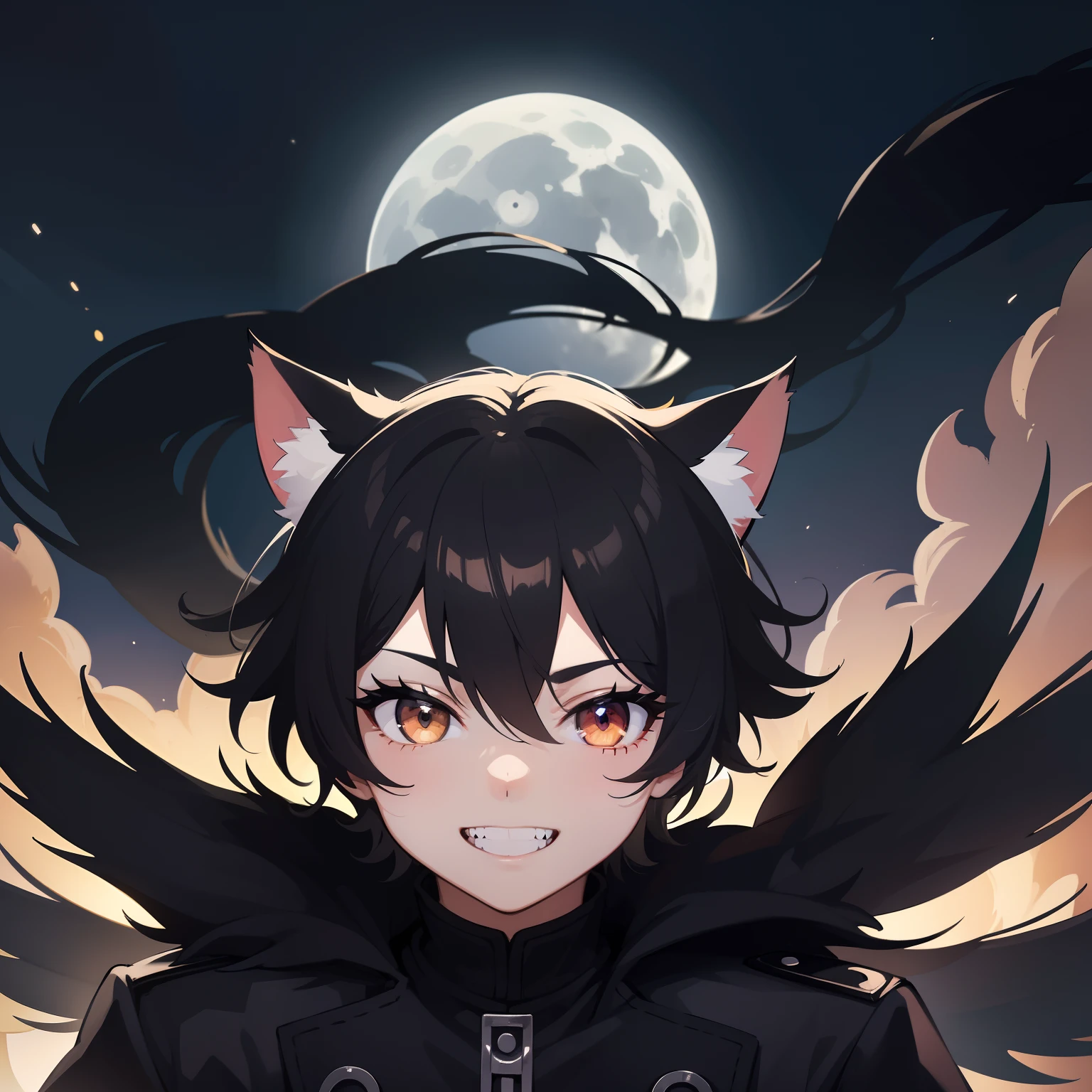 1 boy, male, black hair, white eyes, black cat ears, cat whiskers in face, big smile with serrated teeth, an army of black cats at the side, a dark and dusky village in the background, night, moon in background, shiny eyes, shine effect