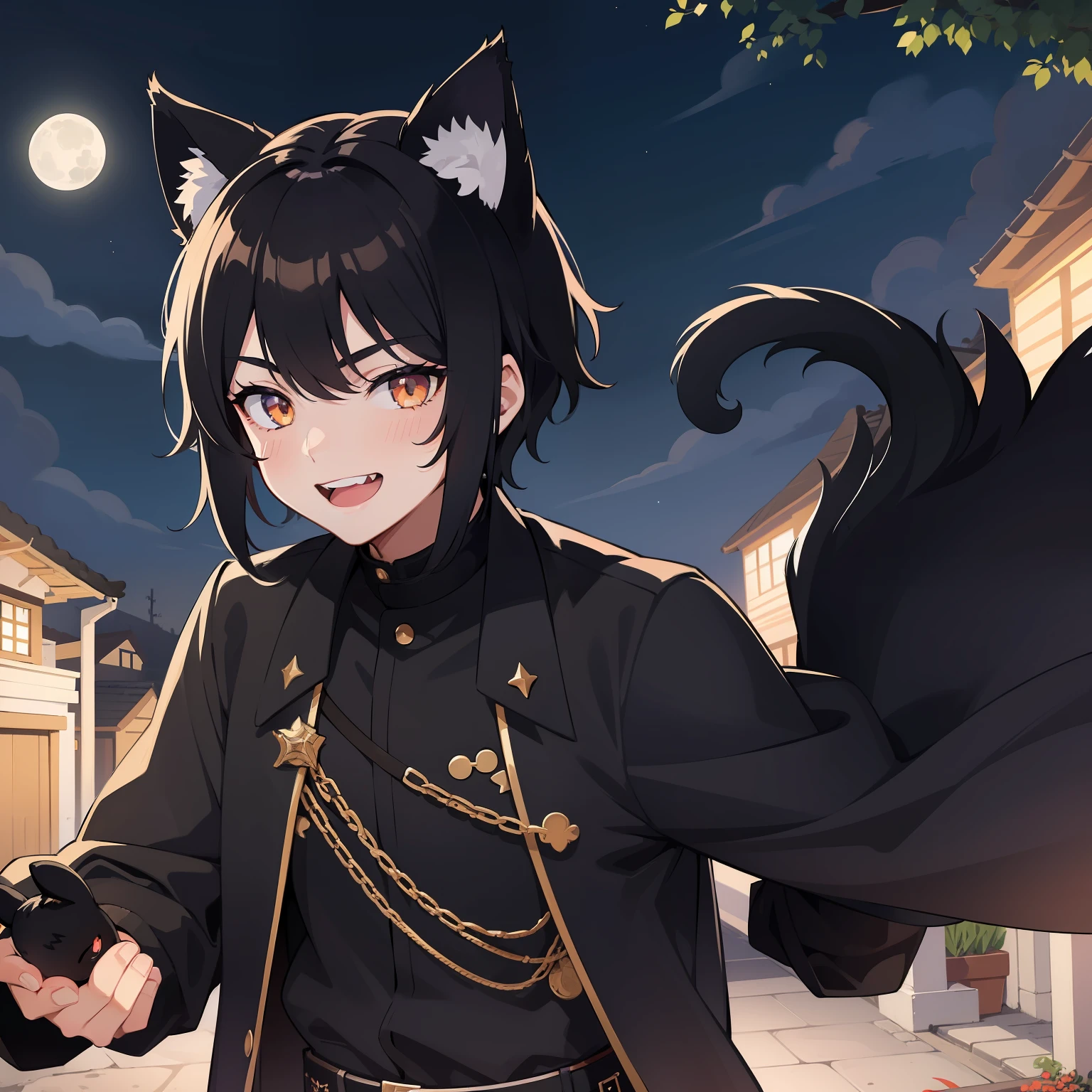 1 boy, male, black hair, white eyes, black cat ears, cat whiskers in face, big smile with serrated teeth, an army of black cats at the side, a dark and dusky village in the background, night, moon in background, shiny eyes, shine effect