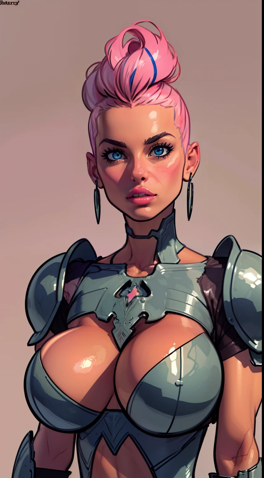 a drawing of a female barbarian, (titanium armor:1.4) (pink hair:1.4), muscular body, feminine, Caucasian,blue eyes, huge upper body, (gigantic breasts:1.2) wide shoulders, veins, beautiful face, full lips, slim face, high cheekbones, in the art style of mohrbacher, in style of peter mohrbacher