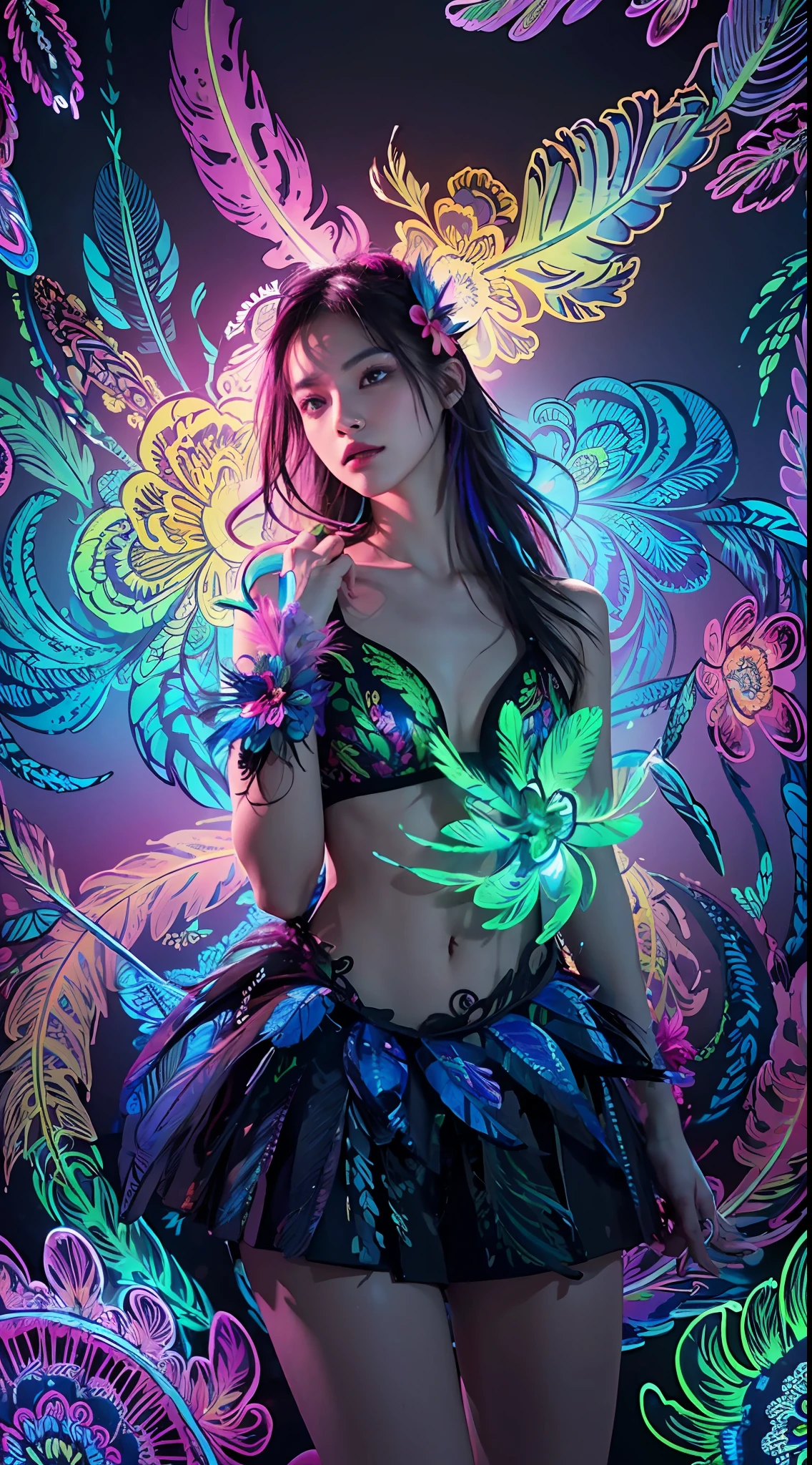 masterpiece, top quality, best quality, official art, beautiful and aesthetic:1.2), (1girl:1.3), extremely detailed,(fractal art:1.1)neon,(colorful:1.1)neon(flowers:1.3)neon,highest detailed,(zentangle:1.2)neon, (dynamic pose), (abstract background:1.3) neon, (shiny skin), (many colors:1.4)neon, (feathers:1.5), neonlight