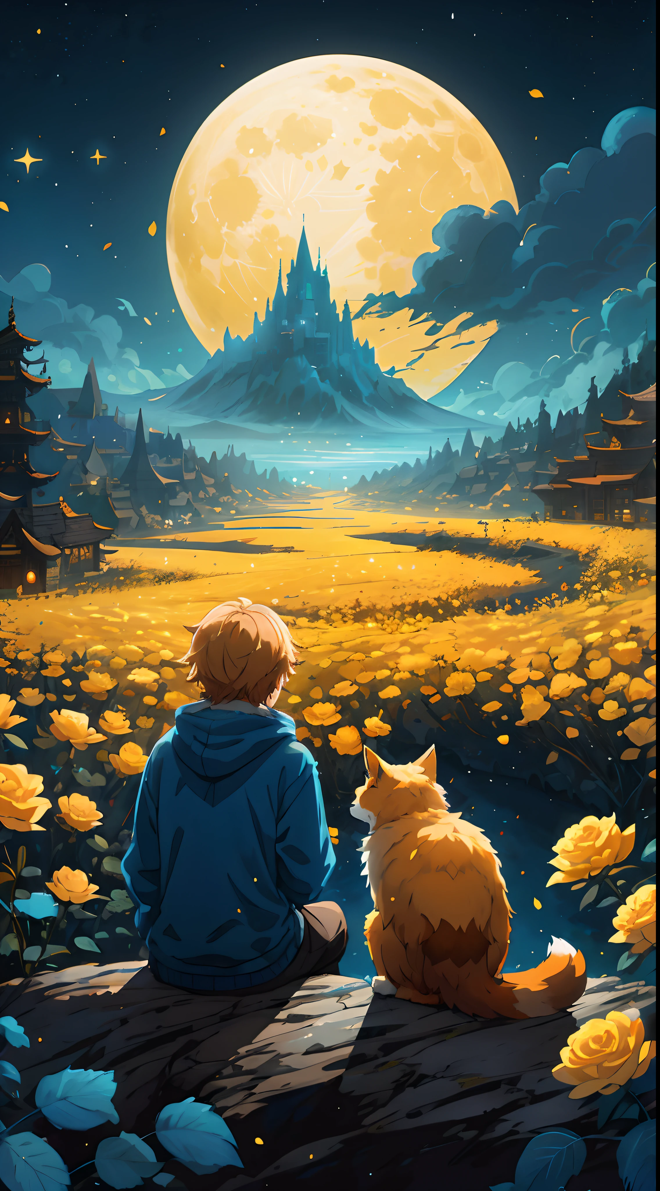 there is a boy sitting on a rock with a fluffy fox looking at the moon, cyril rolando and goro fujita, inspired by Cyril Rolando, background artwork, makoto shinkai cyril rolando, in style of cyril rolando, cyril rolando and m. w kaluta, cyril rolando and m.w kaluta, 4k detailed digital art