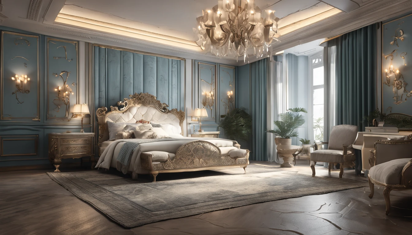 Best artwork, (Fully furnished royal luxury bedroom, Neoclassical, Light blue tones:1.2), 8K, Very good lighting, photograph realistic, Focus sharp, (The lighting studio is bright, 电影灯光), (Masterpiece:1.5), Best quality, Super detail, High detail, wide angles,